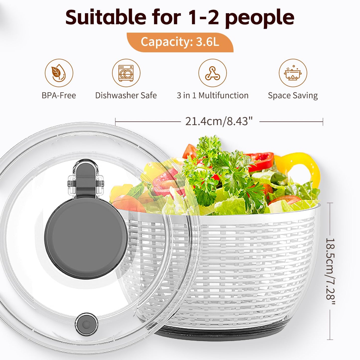 3.6L Salad Spinner, Vegetable Fruit Spinner – Compact Push & Spin Cleaner and Dryer with One-Button Stop, Clear Space-Saving Design for Greens, Herbs, Vegetables