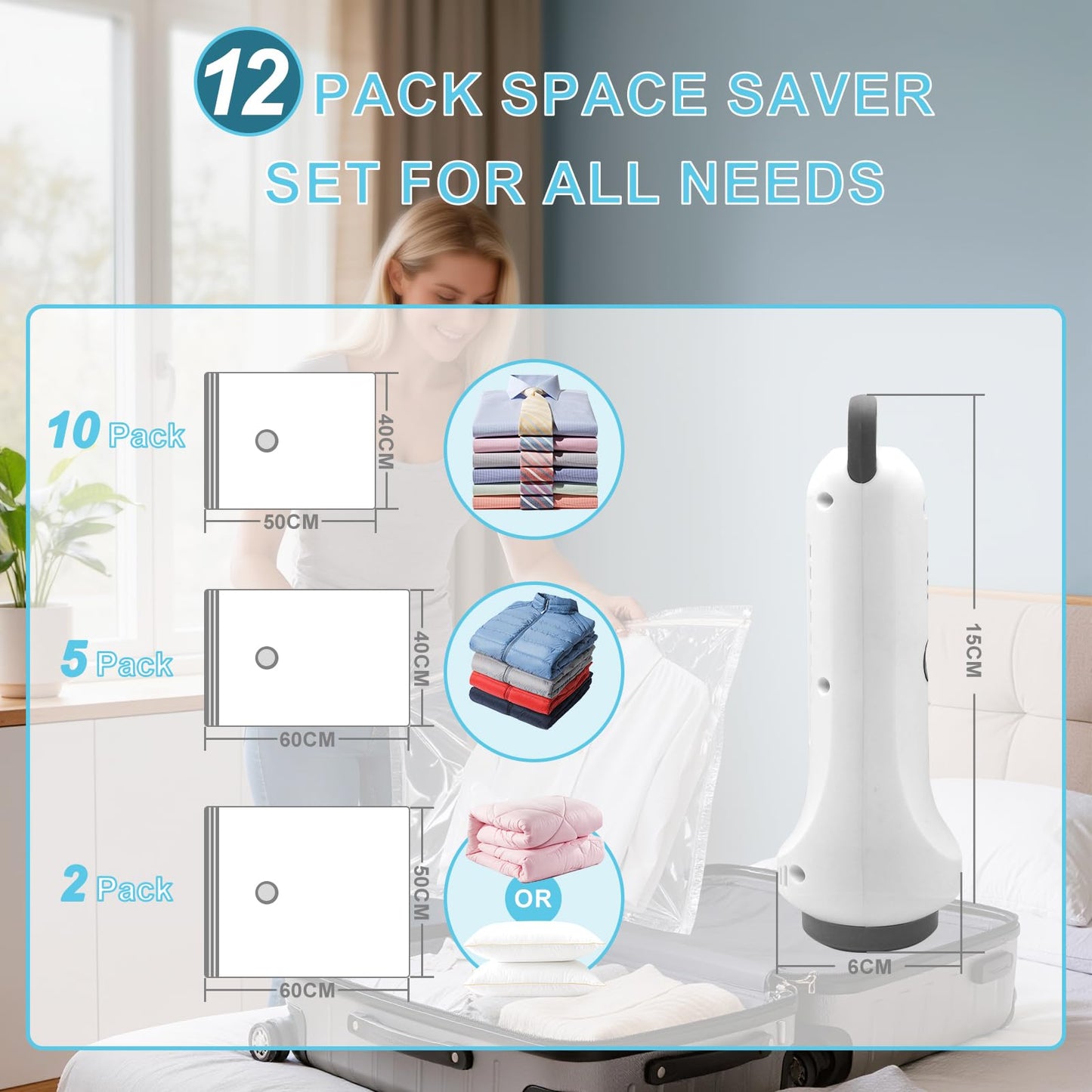 Vacuum Storage Bags with Rechargeable Wireless Pump, 12 Pack(4L/4M/4S) Portable Space Saver Bags, Reusable Vacuum Seal Bags for Travel & Home, Used for Storing Clothes and Bedding (White)