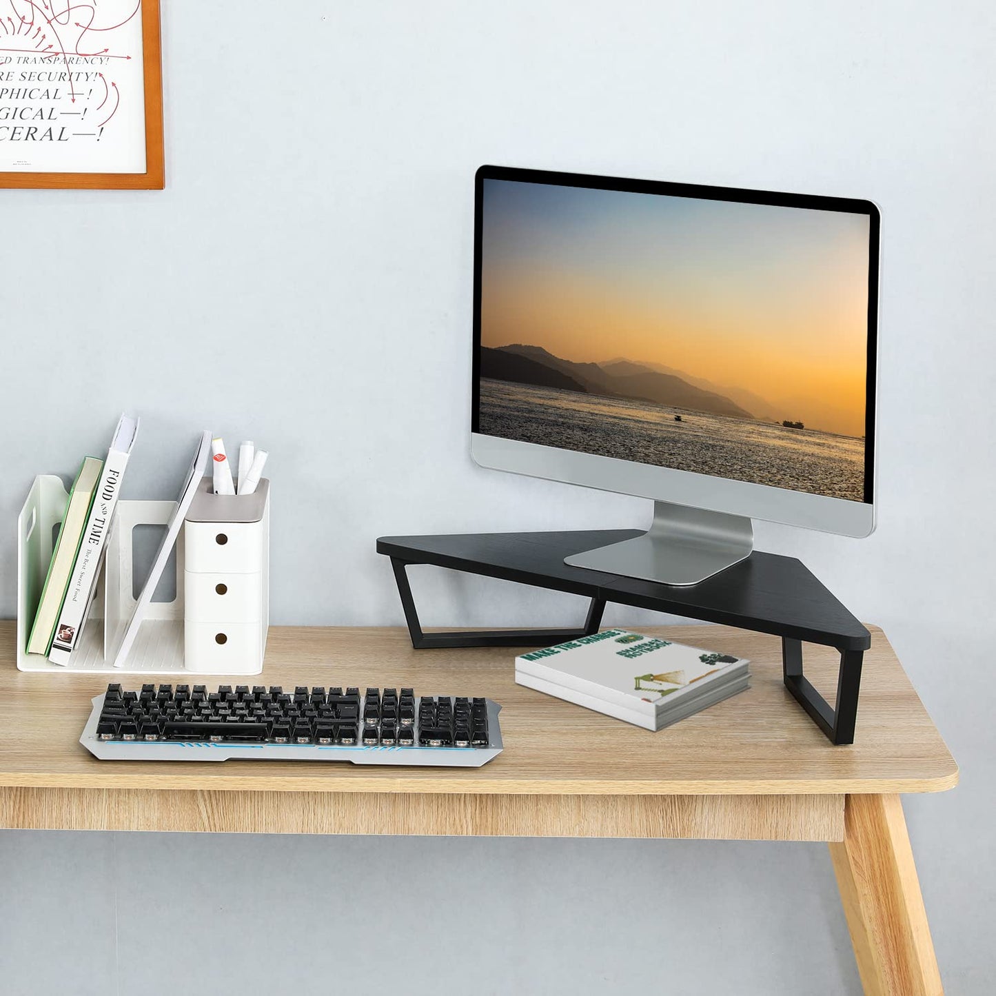TEAMIX Triangle Monitor Stand Riser-26 inch, Desktop Corner Shelf with Metal Leg Wood Computer Stand with Storage Laptop Riser Office Organization