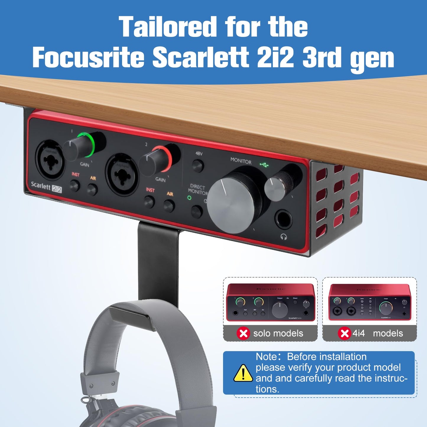 Metal Under Desk Mount for Focusrite Scarlett 2i2 3rd Gen with Adjustable Headphone Hanger Stand, Metal Under Desk Mount for Audio Interfaces and Studio Gear (Only for Focusrite Scarlett 2i2 3rd Gen)