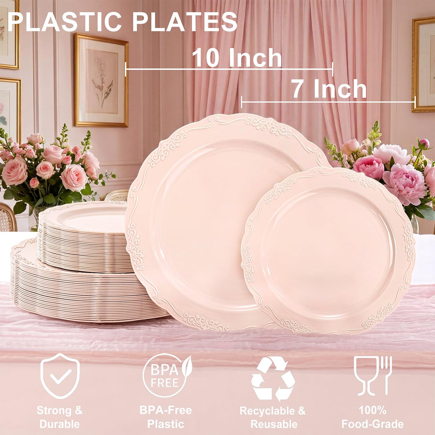 Tinybee 60PCS Pink Plastic Plates - Heavy Duty Pink Disposable Plates, Elegant Plastic Plates for Bridal Shower, Wedding and Party Including 30 Dinner Plates 10 '' & 30 Dessert Plates 7.5 ''