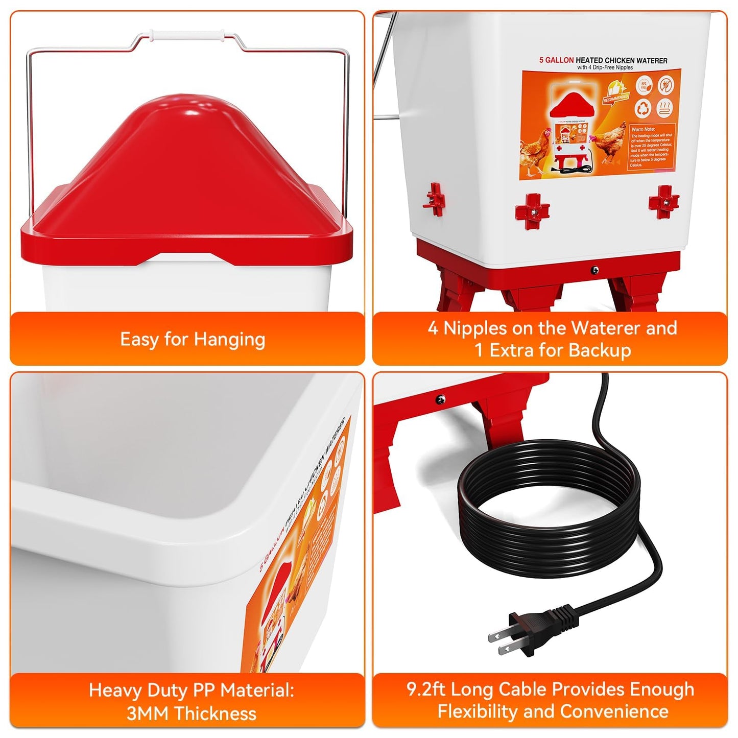 Heated Chicken Waterer, Thermostatically Controlled Poultry Waterer with 4 Nipples and 6 Foldable Legs, Large Hanging Chick Water Heater for Winter Chicken Coop Accessories, 5 Gallon (Red + White)