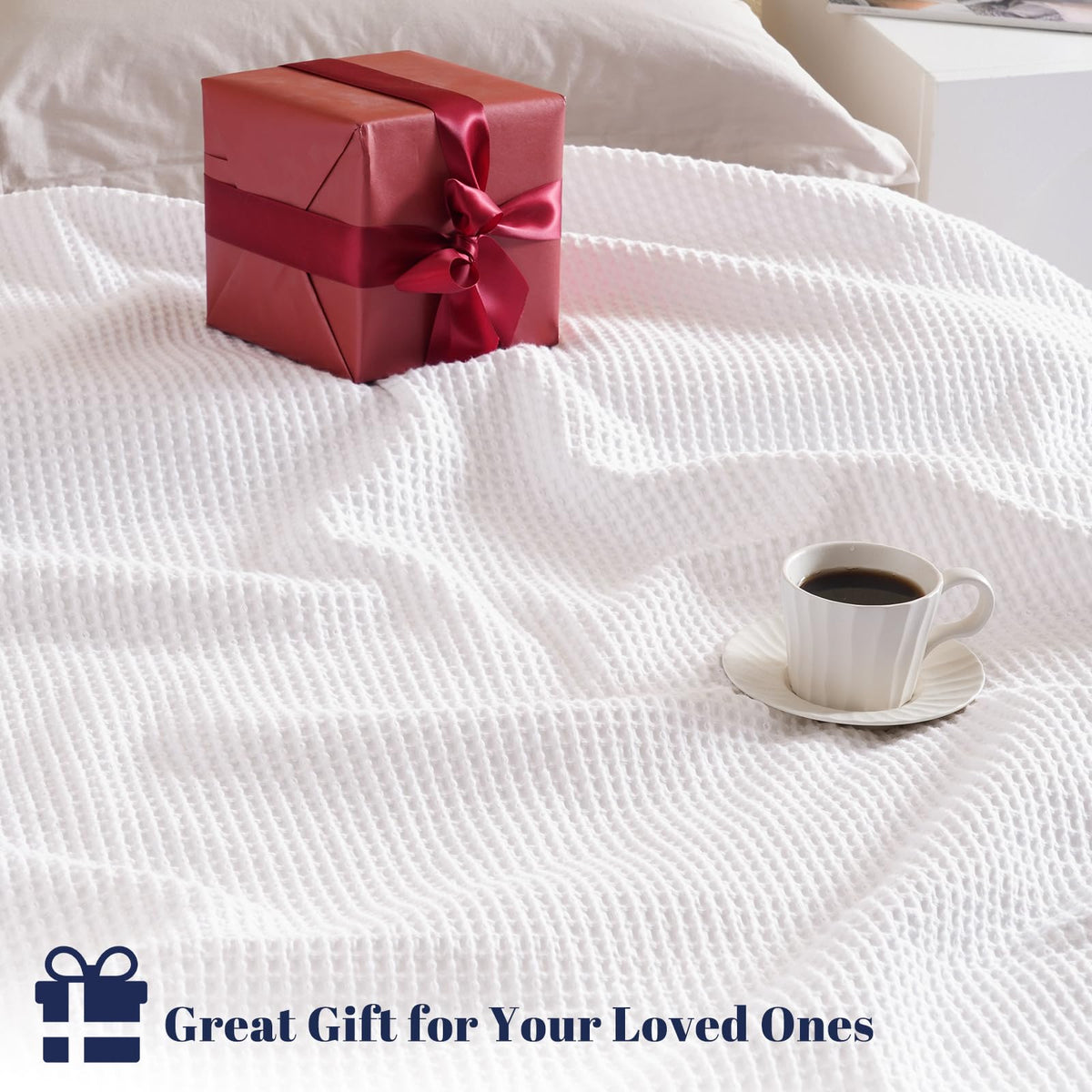 PHF 100% Natural Cotton Waffle Blanket Queen Size, Washed Soft Lightweight Breathable Comfy Throw, Elegant Decor for Bed Sofa Office Car, Essential Bedding for All Seasons, White, 90" x 90"