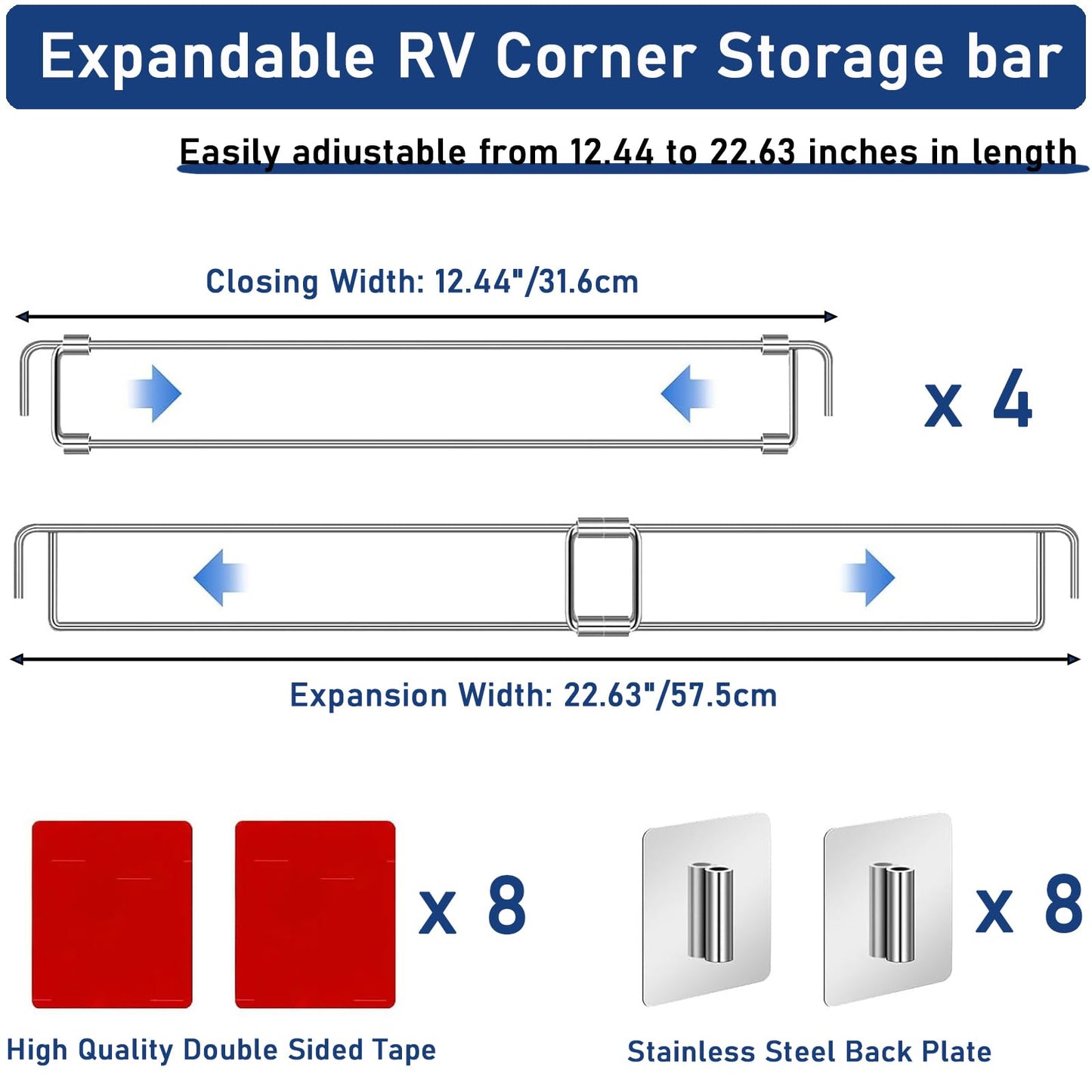 SOYANGNEK 4 Sets RV Adjustable Fridge Bars 12.44"-22.63" Adjustable Stainless Steel RV Refrigerator Accessories Essential Refrigerator & Cabinet Tension Rods for RV, Camper, Travel Trailer Accessories