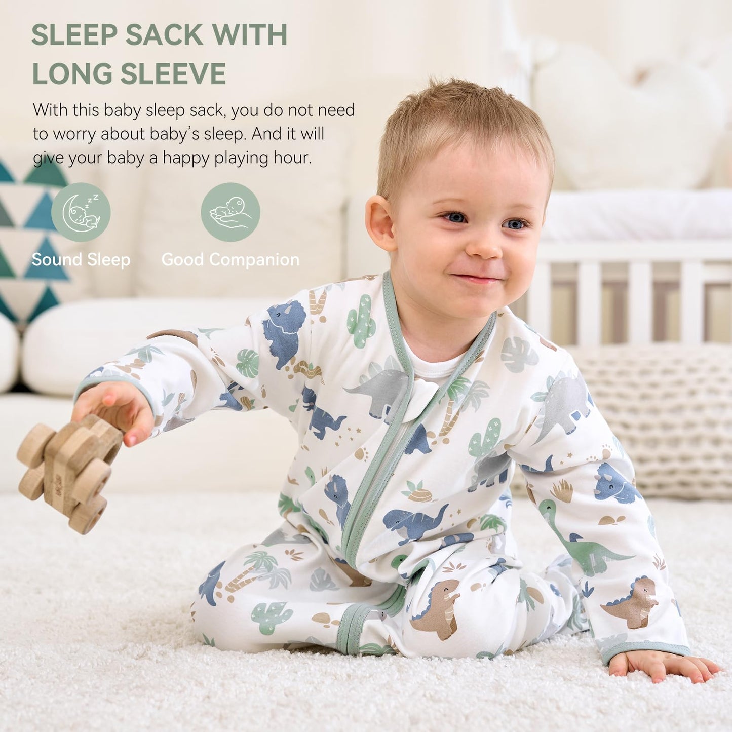 FIEMOL Baby Sleep Sack 0-6 Months, Long Sleeve Baby Sleeping Bag 0.5 Tog with Mittens, Newborn Cotton Wearable Blanket Gigoteuse Green Dinosaur 2 Pack(Small)