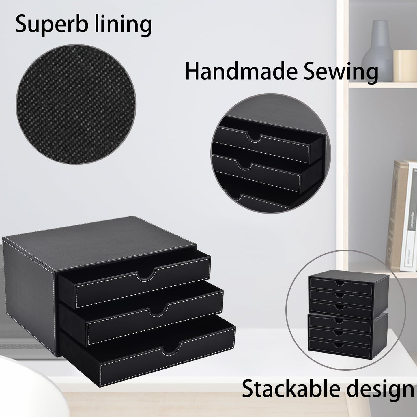Faux Leather Desk Organizer with3 Drawers Executive Office Supplies Desktop Filing A4 File Cabinet/Holder,Stackable Storage Box for Jewelry/Bill/Paper/Documents/Makeup Home Decor Accessories(Black)