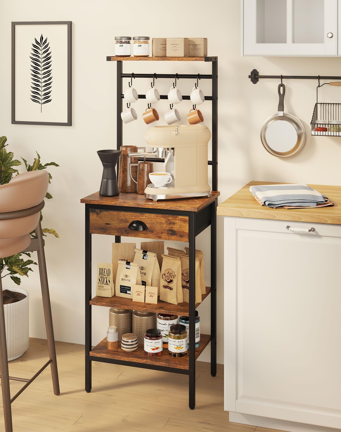 YMYNY Kitchen Shelf, Baker's Rack, Coffee Organiser, Coffee Bar, 5 Shelves, 8 Hooks, Fabric Drawers, Steel Frame, 43 x 33 x 134.5 cm, for Kitchen, Living Room, Vintage HBR009H
