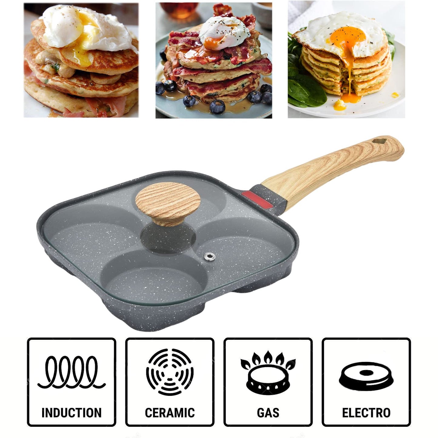 Egg Pan With Lid - 4 Cup Pancake Pan Nonstick Frying Pan Aluminium Alloy Skillet Divided Breakfast Cooker, Suitable for Gas Stove & Induction Cookware