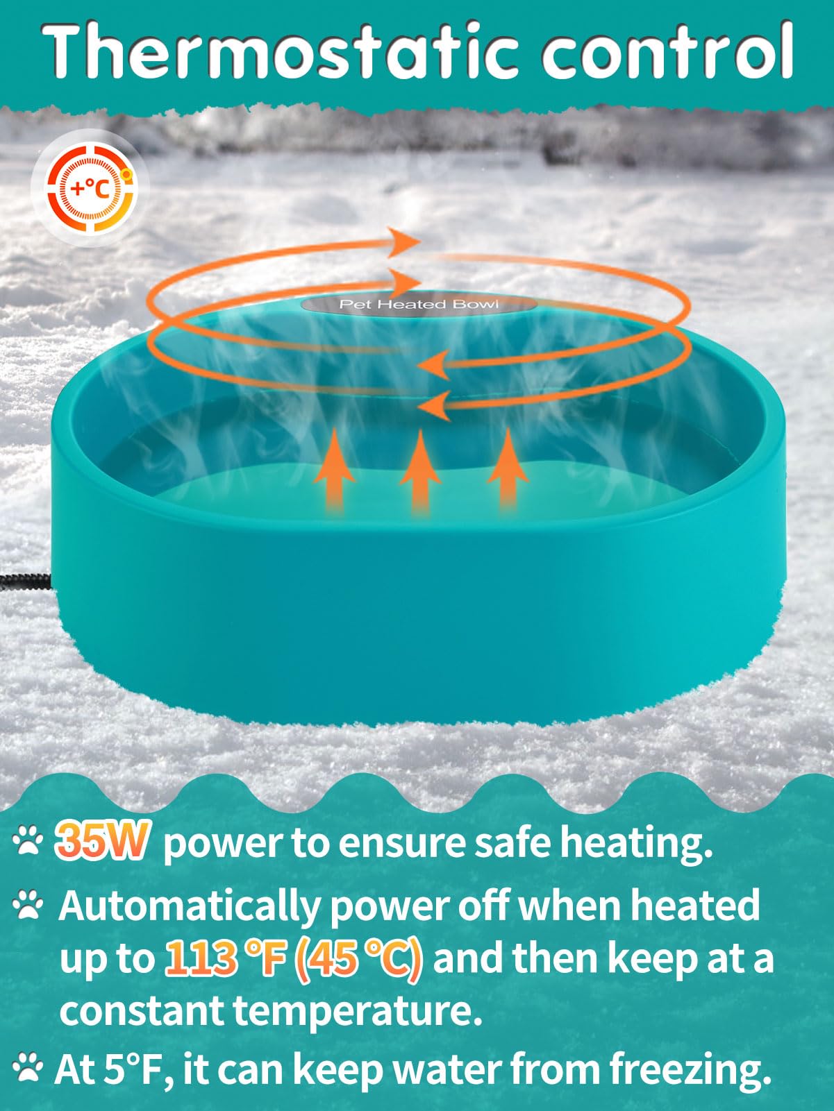 3.7L Extra Large Heated Water Bowl for Outdoor, 35W Thermostatic Control Heating Pet Bowl Dog Gifts with 6.6Ft Bite-Proof Cord for Winter Dogs Cats Chickens Duck Squirrels