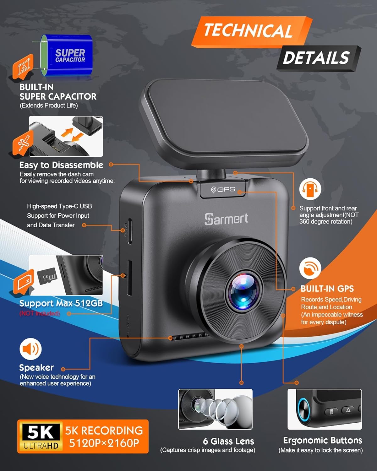 5K Dash Cam, Sarmert Car Camera Dashcam Built-in GPS 5G WiFi, 5K 4K UHD with APP, 2" IPS Screen Dash Camera with Super Night Vision, Loop Recording, WDR, 150° Wide, G-Sensor, Supports 512GB Max