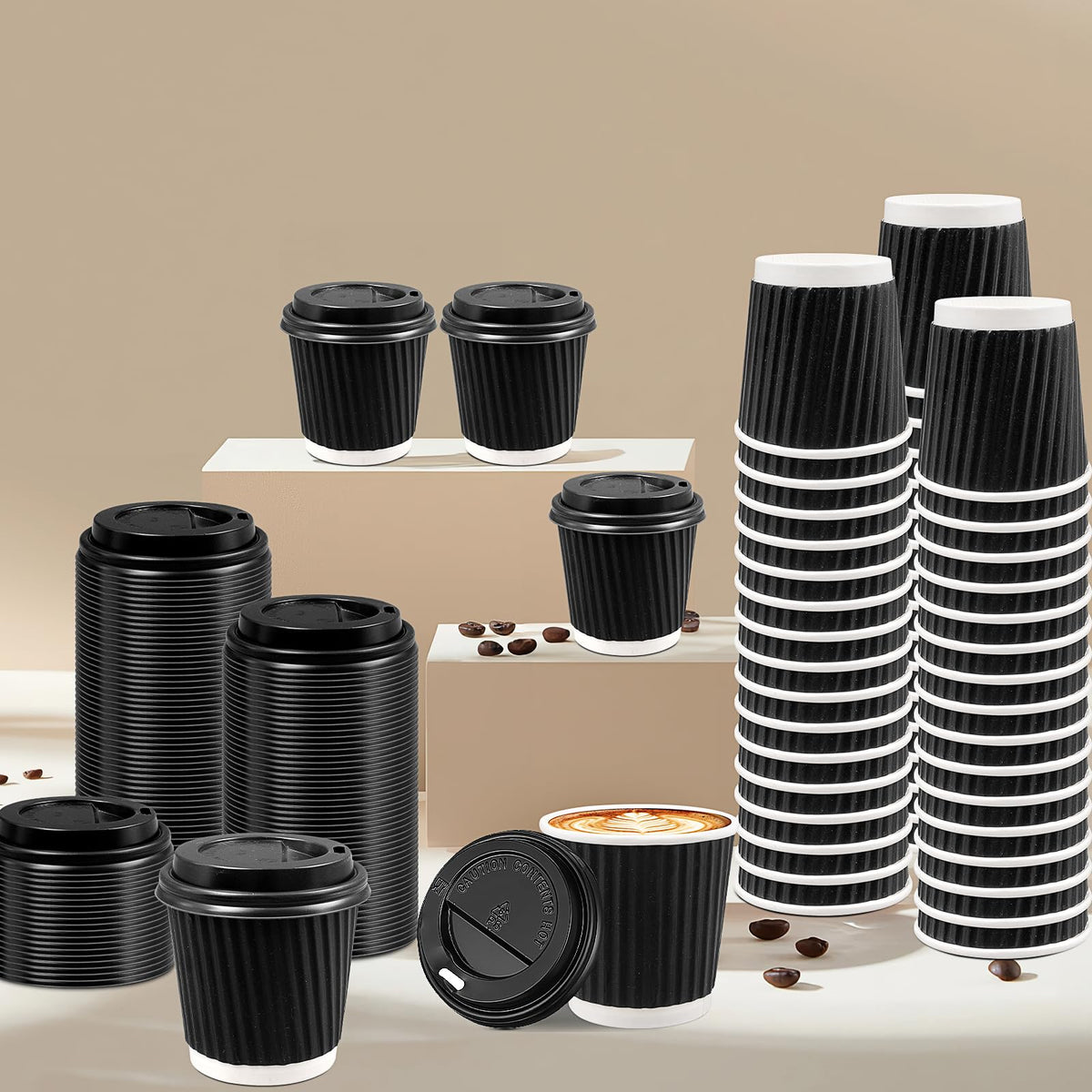 100 Set Paper Espresso Cups with Lids, 4oz Disposable Coffee Cups, Small Hot Drink Tea Cup, Insulated to Go Coffee Cups for Cocoa, Hot Chocolate, Milk, Iced Tea, Cold Drinks, Juice, Water - Black