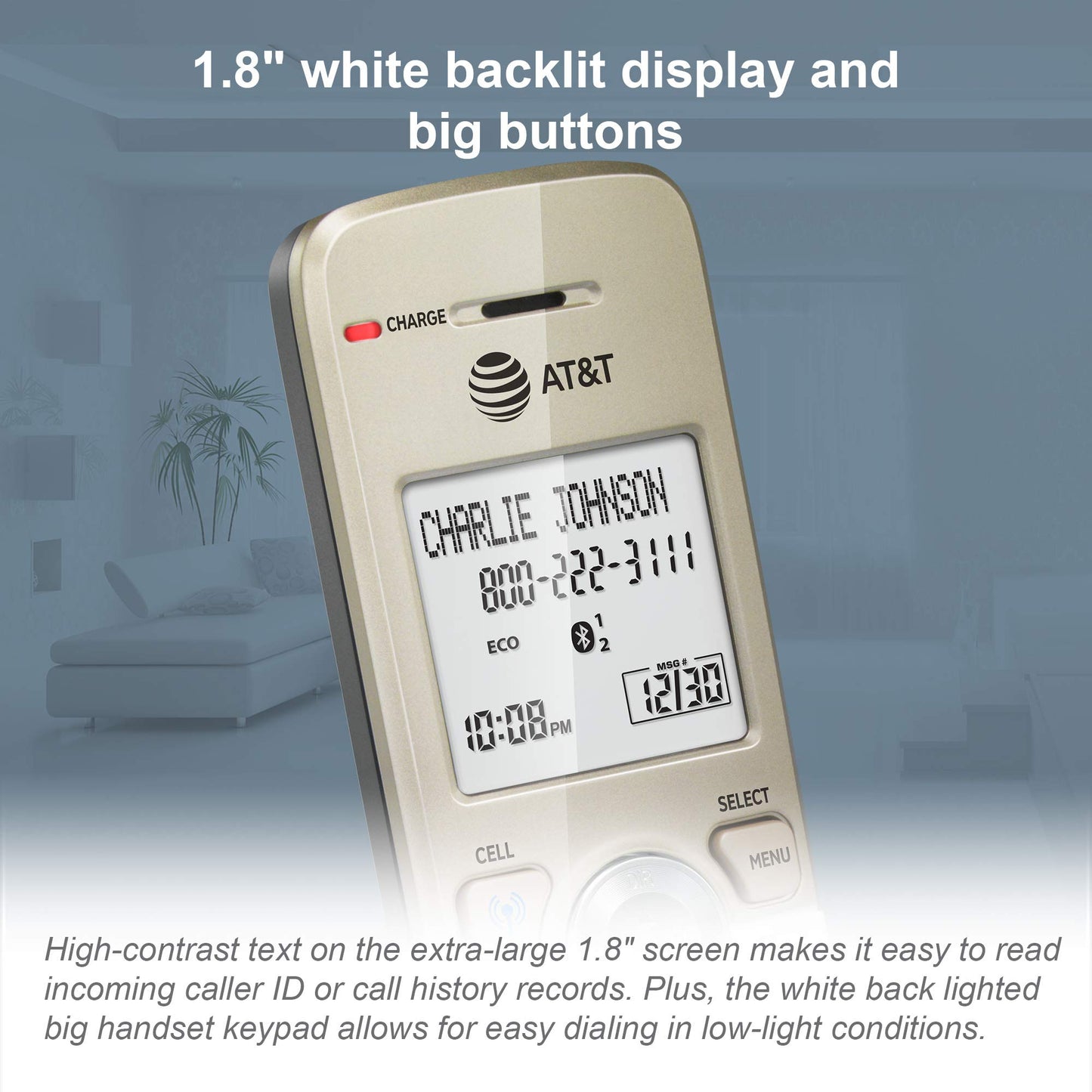 AT&T DL72219 DECT 6.0 2-Handset Cordless Phone for Home with Connect to Cell, Call Blocking, 1.8" Backlit Screen, Big Buttons, intercom, and Unsurpassed Range, White/Champagne