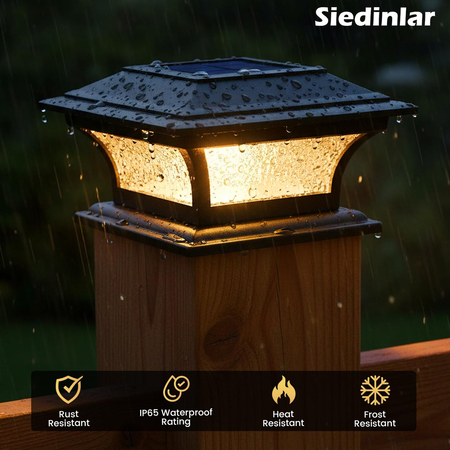 Siedinlar Solar Post Lights Outdoor Glass LED Fence Cap Light 2 Modes for 4x4 5x5 6x6 Posts Deck Patio Garden Decoration Warm White/Cool White Lighting Black (2 Pack)