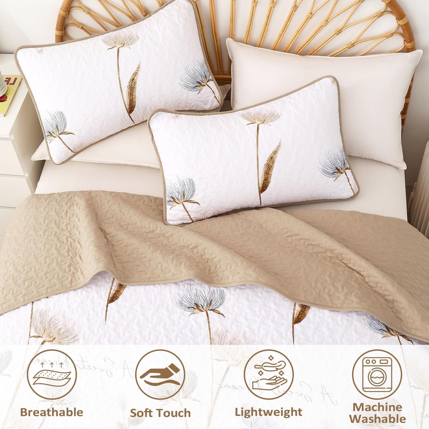 Floral Quilt Set Queen,Botanical Beige/Khaki Bedspread Queen Size 3 Pieces Lightweight Summer Quilts Microfiber Farmhouse Bedding Set Soft Flower Bedspreads White quilted Coverlet Sets for All Seasons