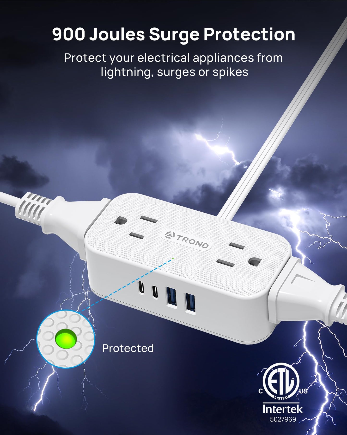 TROND 360° Rotating Flat Plug Power Bar with USB C, 10ft Slim Extension Cord Indoor, 4 Widely Spaced Outlets, 900J Surge Protector, Small Outlet Extender for Home Office Dorm Travel Essentials, White
