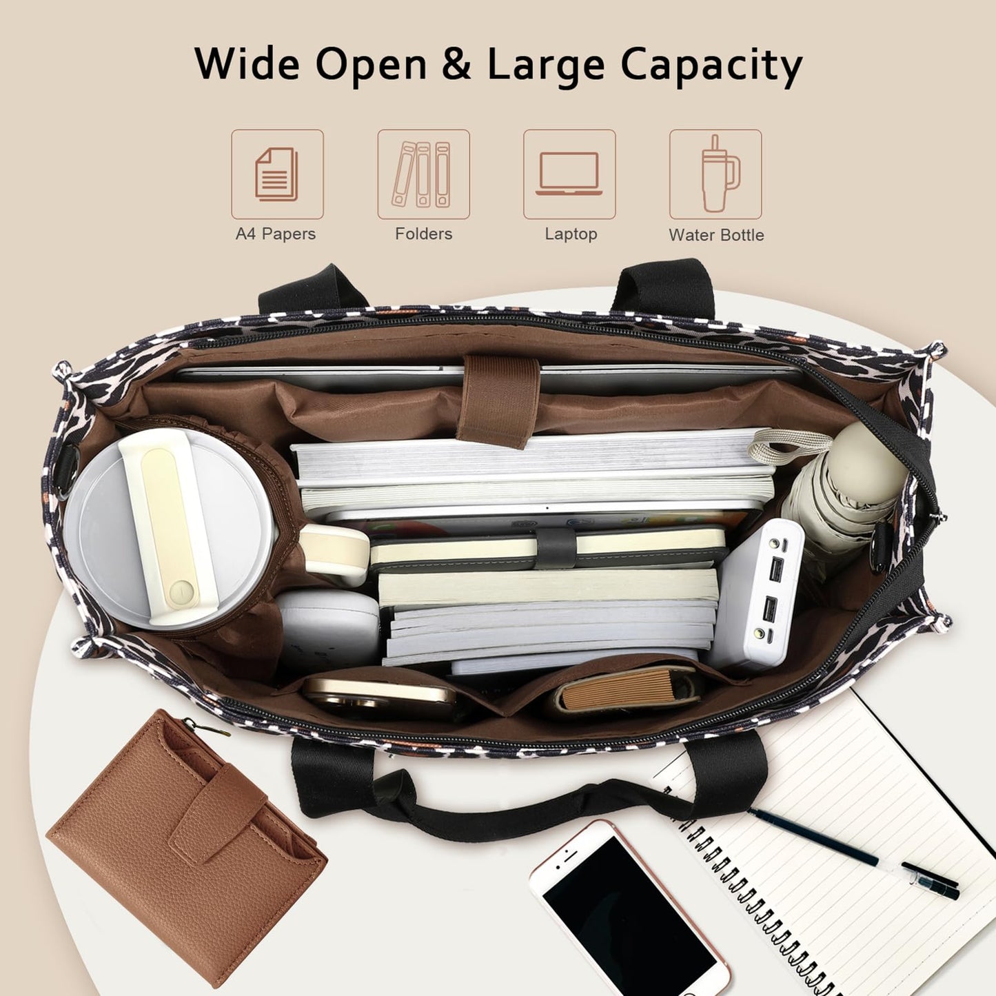 Laptop Tote Bag for Women Work 15.6 inch Canvas Shoulder Bags Computer Messenger Purse Teacher Handbag Office Briefcase, A-khaki-black, Large, Laptop Bag
