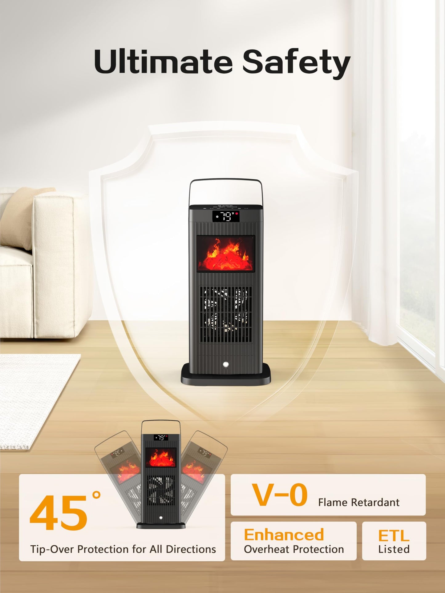 2026 New Version Space Heater, ETL & UL Certified Portable Space Heaters with Flame Effect 1500W Oscillating Electric PTC Ceramic Room Heater for Indoor Use,Bedroom,Office,Desk,Garage