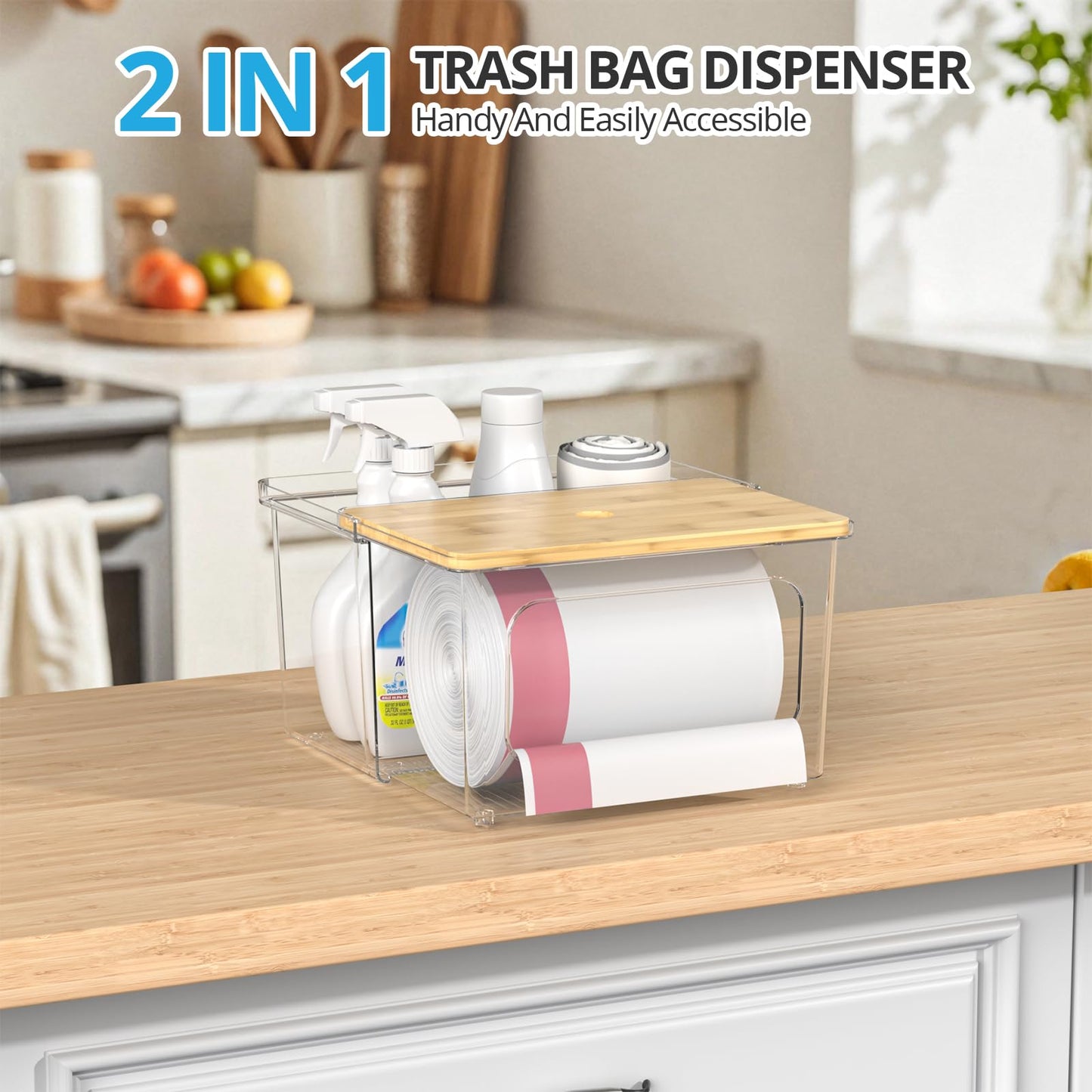 Tangyinus Trash Bag Dispenser Roll Holder - Clear Garbage Bag Holder with Bamboo Lid and Sliding Drawer Box, Kitchen, Under Sink, Laundry Room Organization and Storage