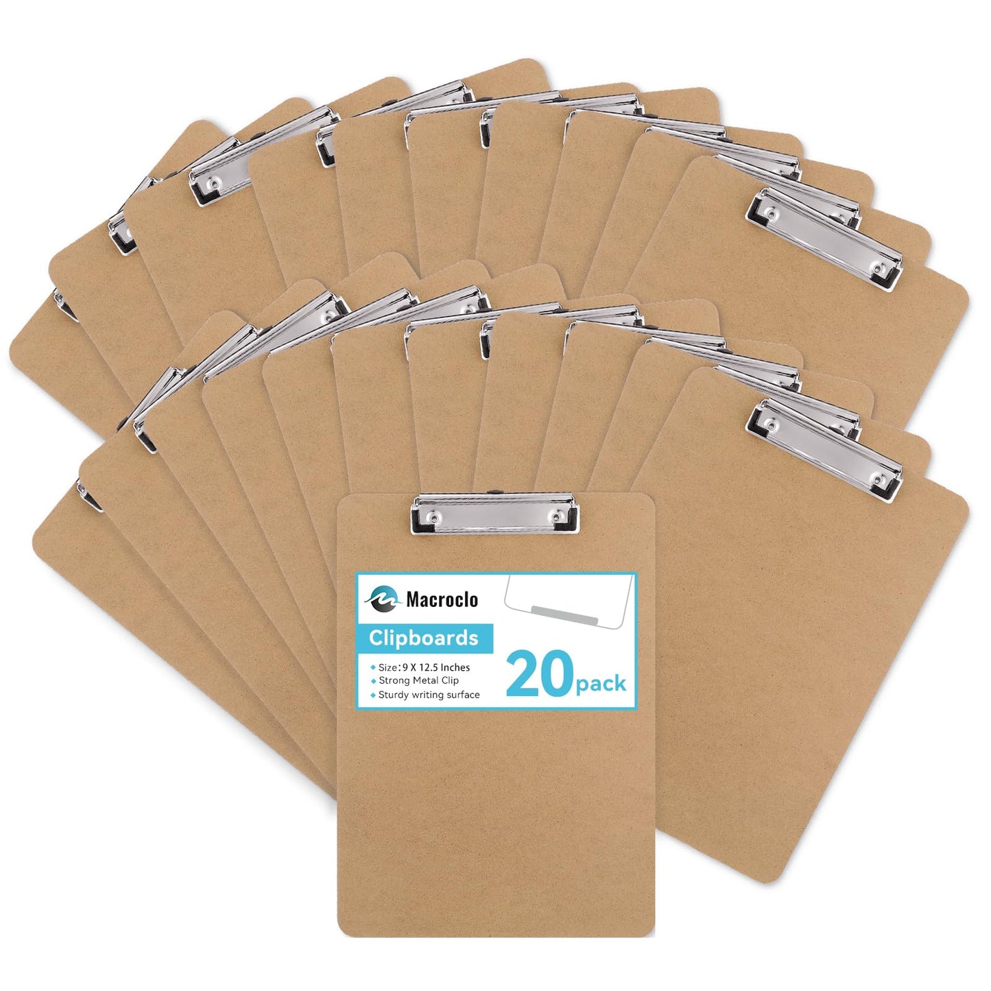 Macroclo Wood Clipboards Set of 20, Letter Size Hardboard Clip Board 8.5x11 for Classroom, Students, Kid, A4 Standard Size 9" x 12.5" with Low Profile Clip, Office & School Supply