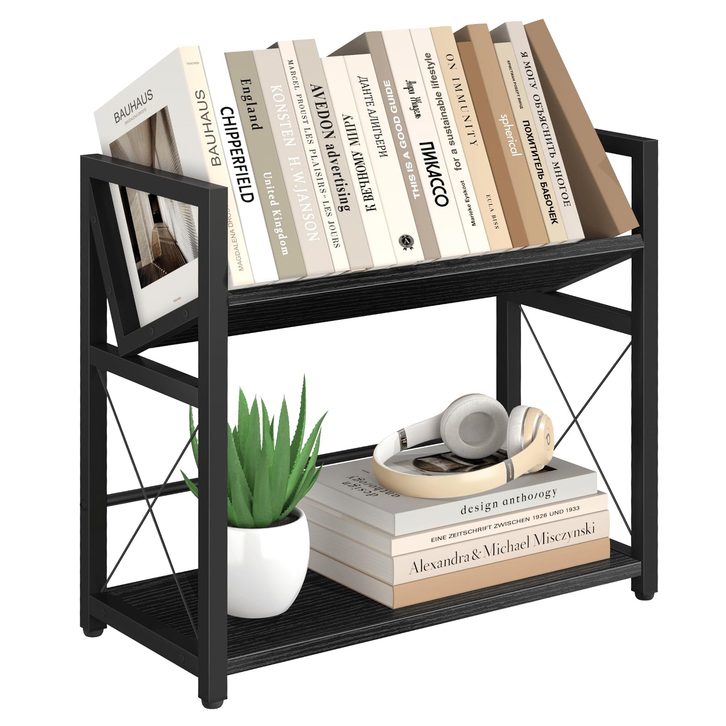 ELITEROO Desktop Bookshelf, 2 Tier Desk Book Organizer Shelf, Wood Tabletop Bookshelf Storage, Small Desk Top Bookcase for Office, Home, or Study, Mini Table Book Rack for Display, Black