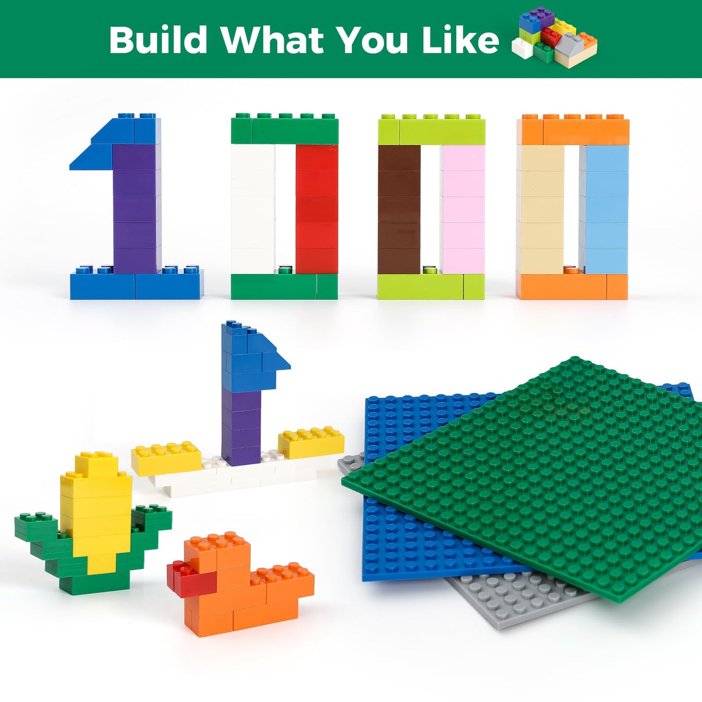 1000 Pieces Building Blocks, Classic Stackable Base Plates, 3 6.3" x 6.3" Blue, Gray and Green Base Plates,Compatible with All Major Brands