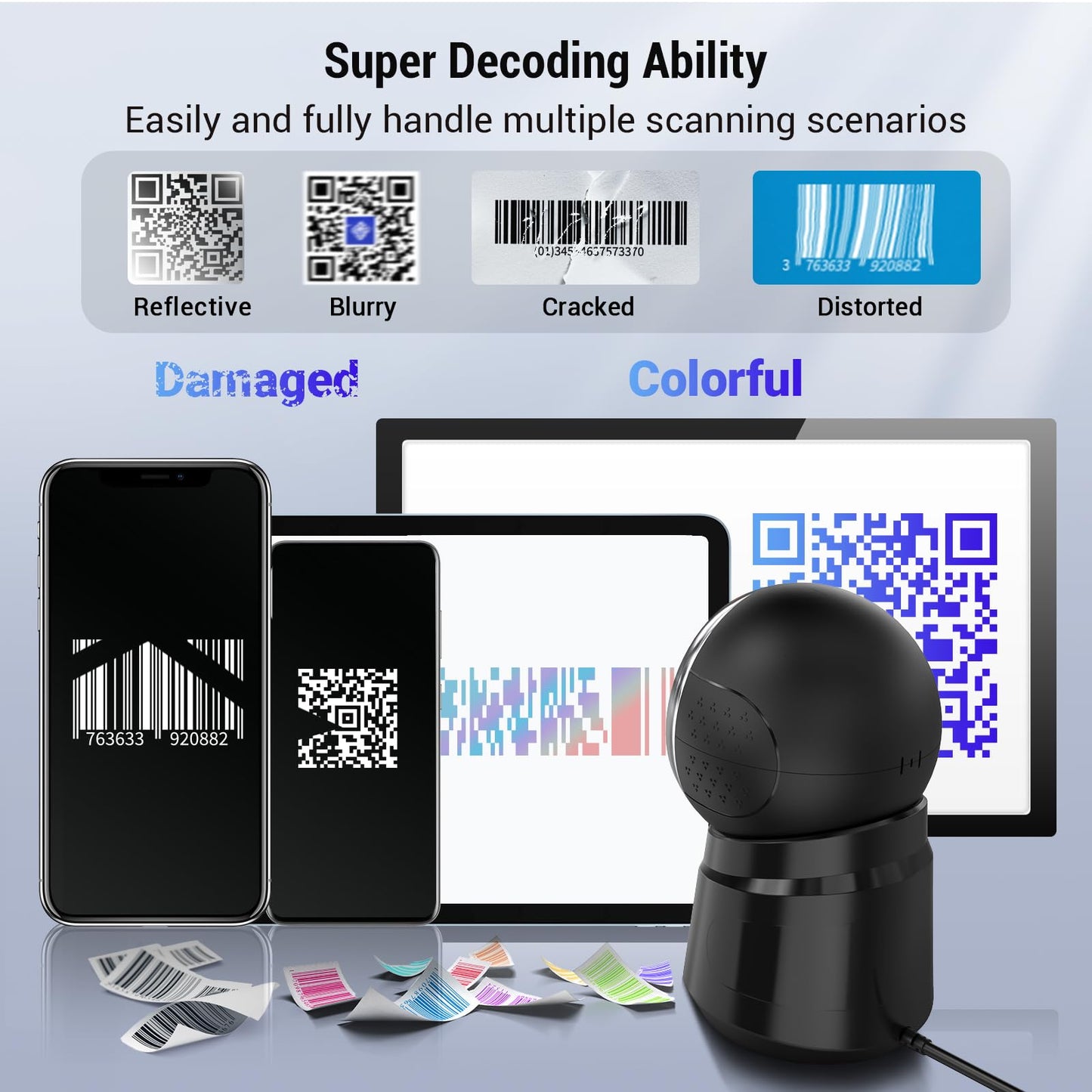 Tera Barcode Scanner Desktop Omnidirectional: 1D 2D QR Handsfree USB Wired Bar Code Reader Adjustable Scan Head Plug and Play for POS Supermarket Retail Store Mobile Payment Model 9000