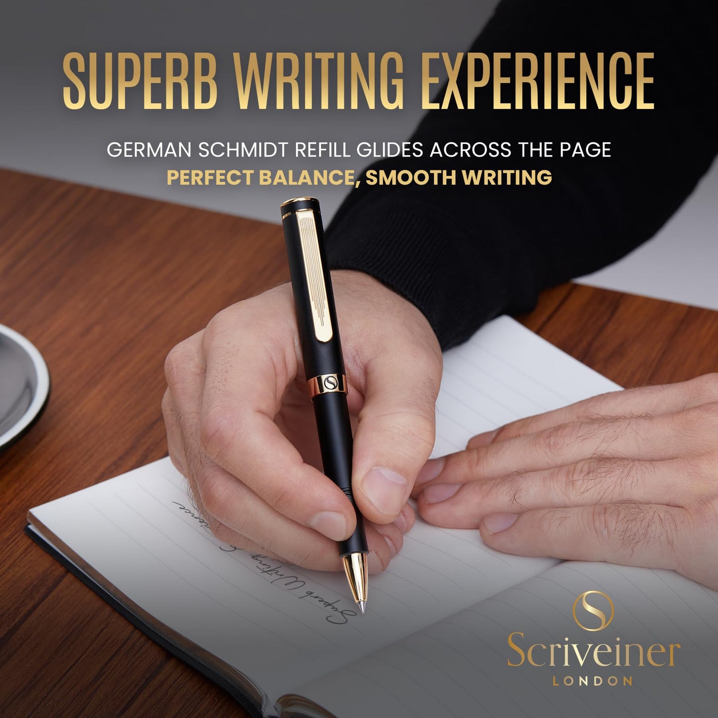 Scriveiner Black Rollerball EDC Luxury Pen, Stunning Pocket Pen, Real Gold Plating, Cool Writing Pen, Best Pen Gift for Men, Women, German Schmidt Refill, Nice Present, Fancy Office Designer Pen Set