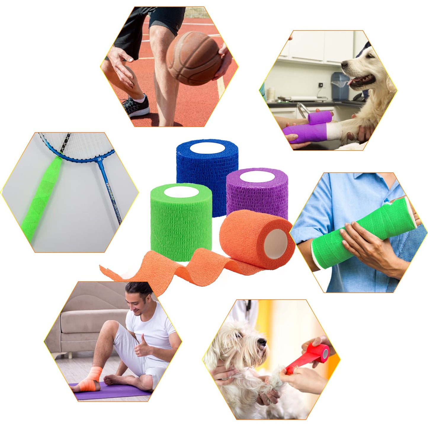 BQTQ 72 Rolls Self Adherent Bandage Cohesive Wrap Athletic Tape 2" x 5 Yards Breathable Stretch Wrap Sports wrap Cohesive Bandage Tape Roll for Ankle Sprains & Swelling,Human, Animals(Rich Color)