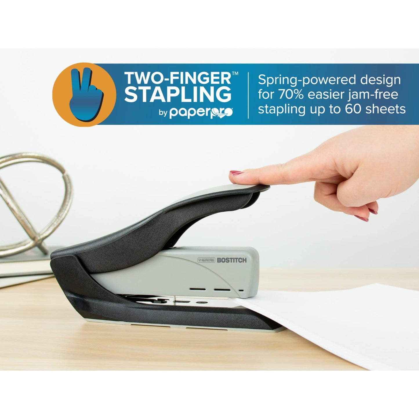 PaperPro inHANCE60 Heavy Duty Stapler - Two Fingers, No Effort, Spring Powered Stapler - 60 Sheets, Gray (1200)