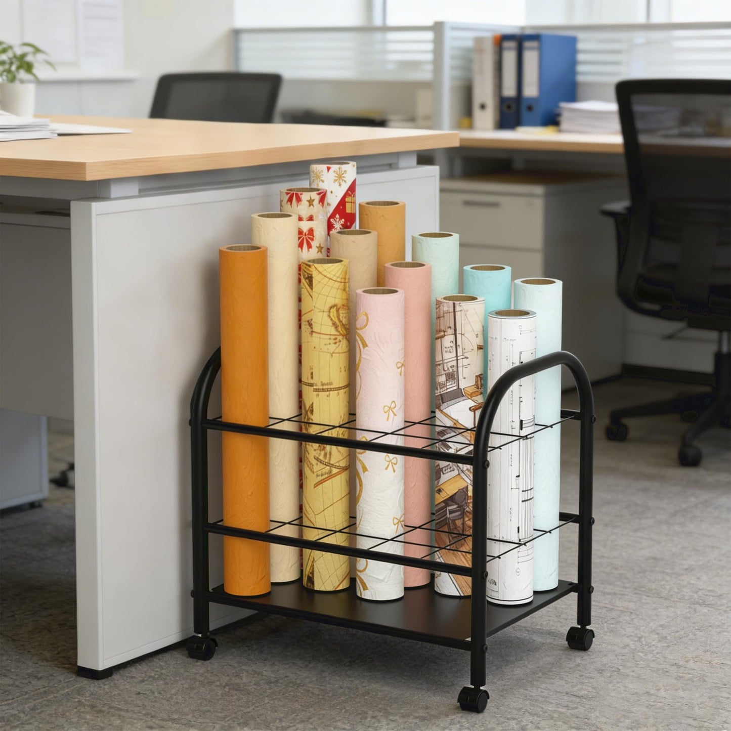 Yutrchey Blueprint Storage Rack with Wheels – 20-Slot Metal Roll File Holder with Silent Casters & Brakes for Blueprints, Wrapping Paper, Posters, Maps – Mobile File Cart for Office & Home (Black)