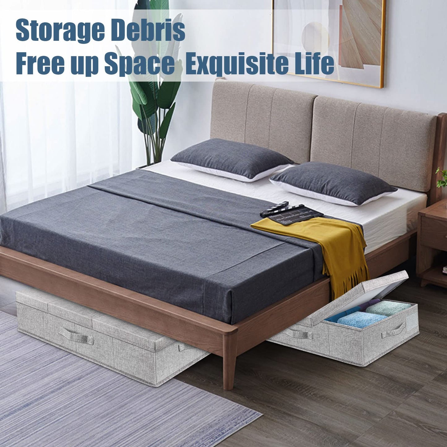 Supowin Underbed Storage Containers Bin with Lids (Set of 2) Large Under Bed Storage Organizer Box with Handle, Foldable Sturdy Under The Bed Storage Bags for Organizing Clothes, Shoes, Blankets, Pillows-Grey