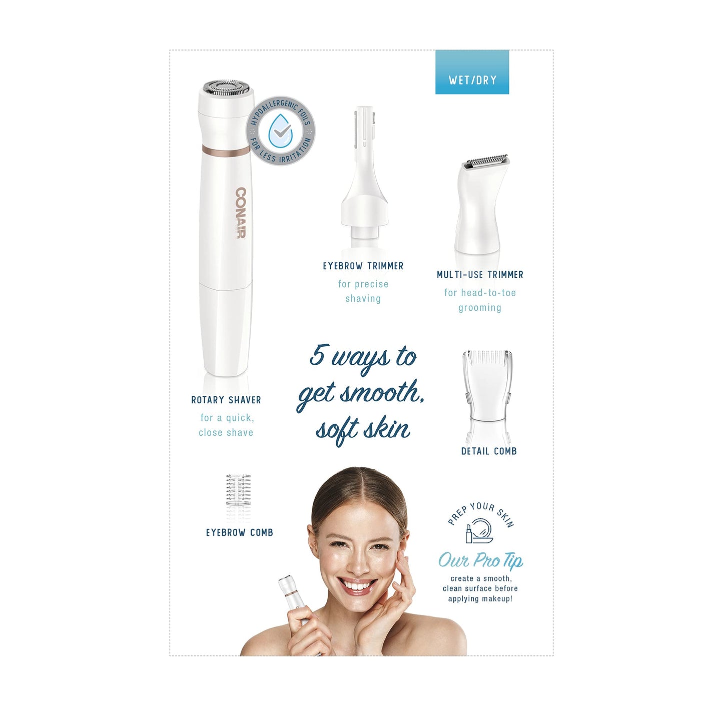 Conair Satiny Smooth All-in-One Facial Trim System, Battery Operated, Use Wet/Dry