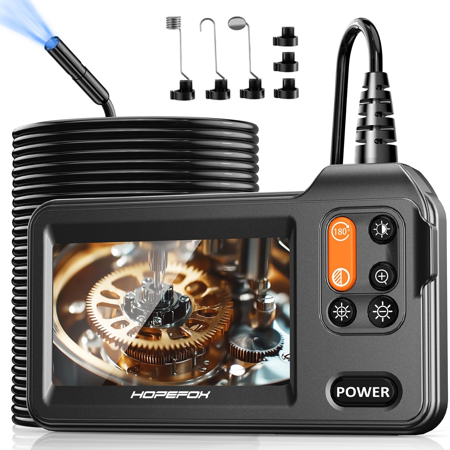 Endoscope Camera with Light 10M, HOPEFOX 4.3" IPS Borescope Inspection Camera, Borescope Snakecamera with 8 LED Light, 7.9mm IP67 Plumbing Tools for Automotive, Gadgets for Men(10m/33ft)