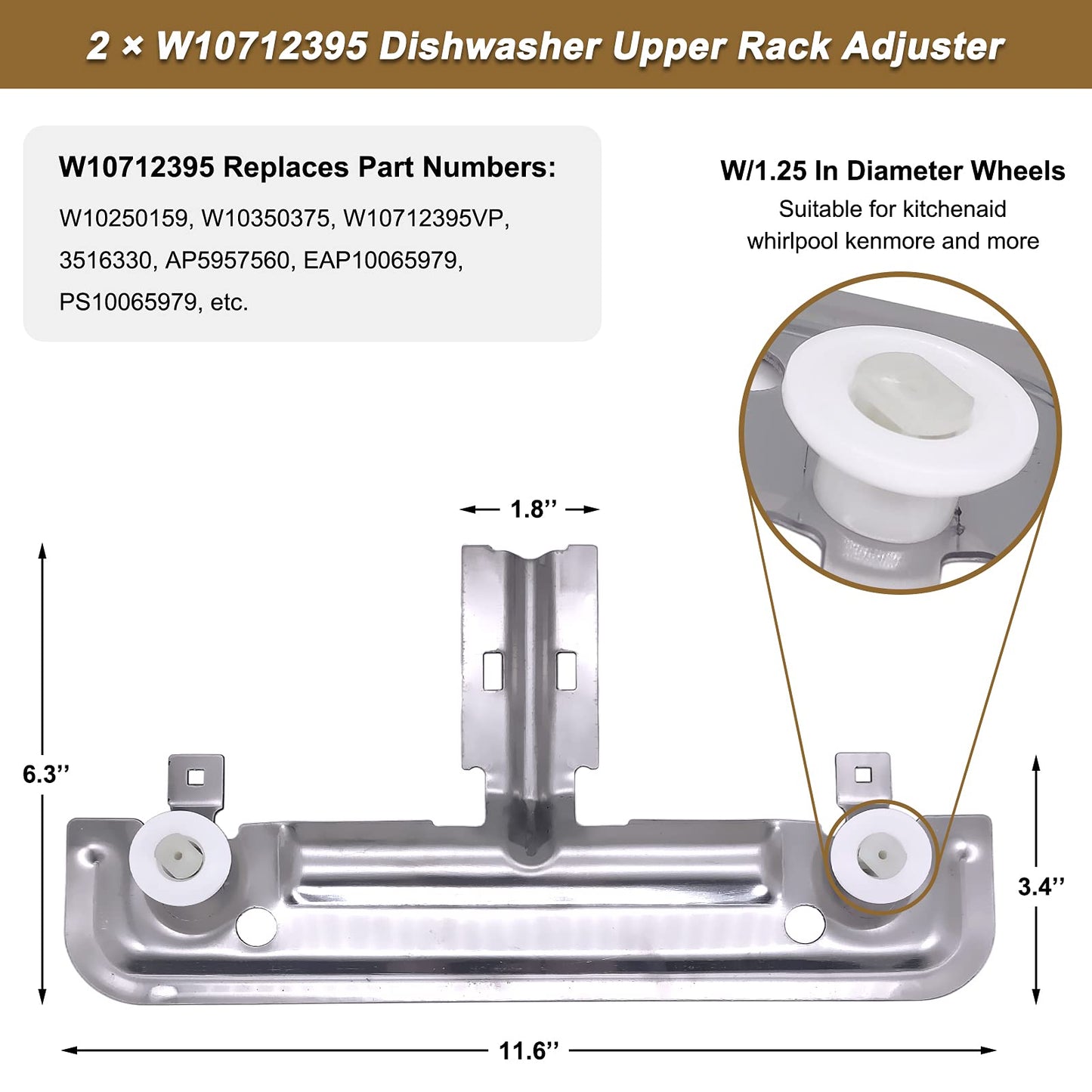 Upgraded W10350375 W10712395 Dishwasher Upper Rack Adjuster Metal Kit with 1.25in Wheels for Kenmore Whirlpool Kitchenaid Dishwasher Upper Rack Replacement Parts Replace AP5957560 PS10065979