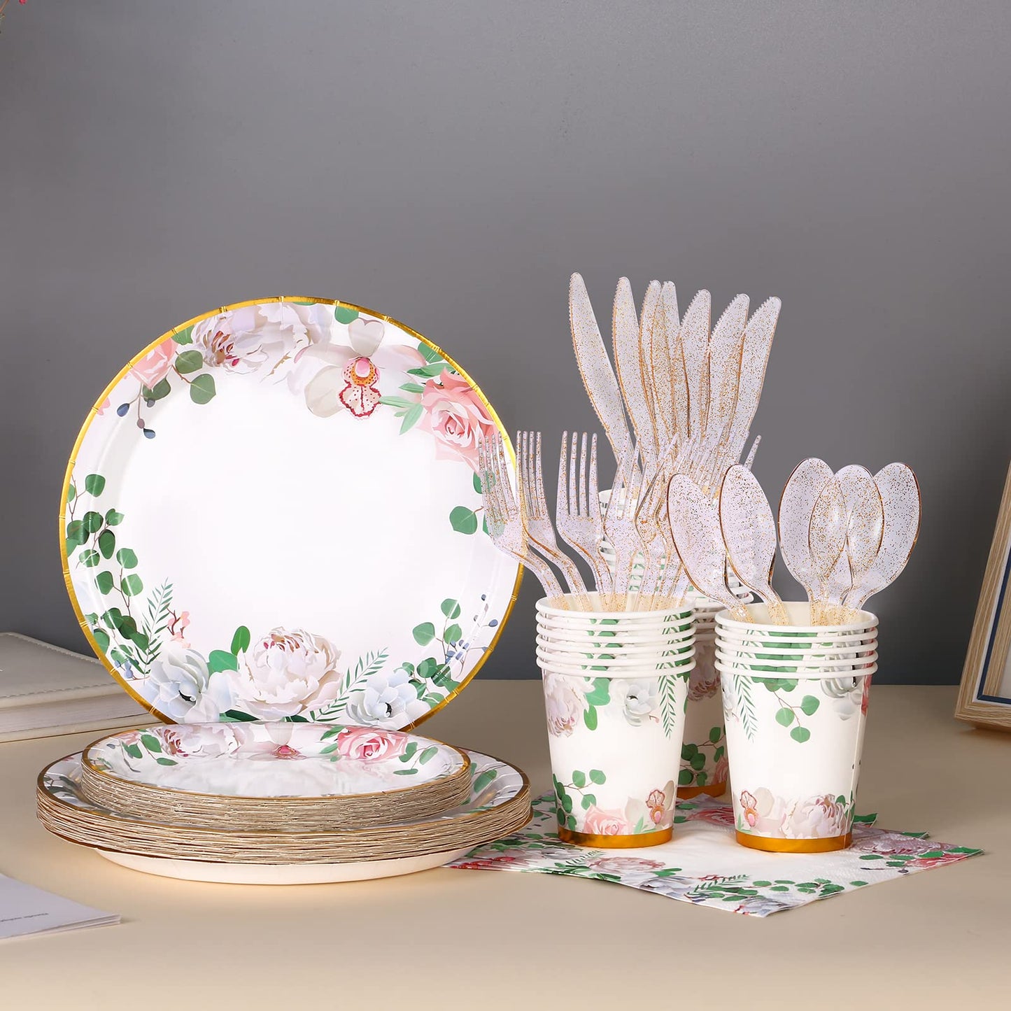 Floral Party Decorations - Bridal Shower Plates & Napkins Set for 24 Guests - Tea Party Themed Decorations, Floral Paper Plates, Cups & Napkins for Baby Shower, Birthday, Wedding