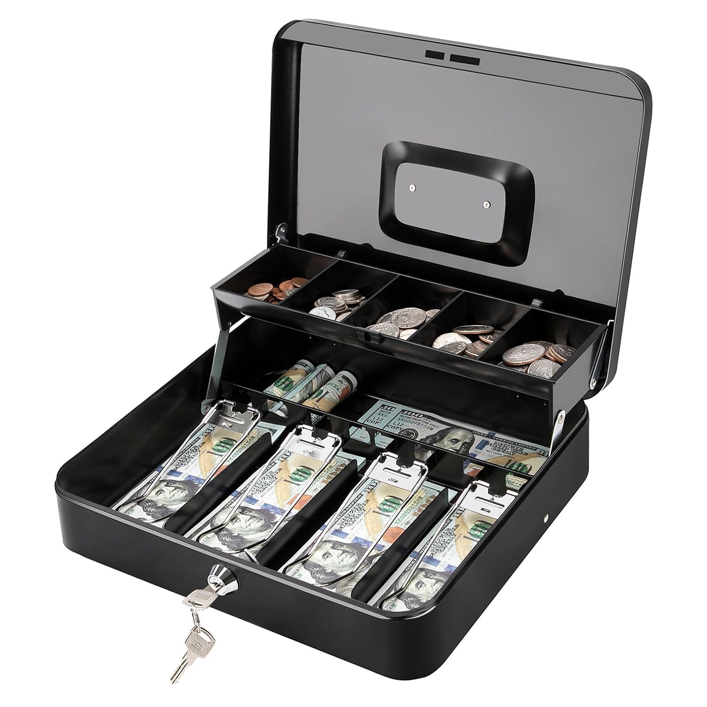 Jssmst Large Cash Box with Lock - 2017 New Metal Money Box 100% Safe, 11.8L x 9.5W x 3.5H Inches, Black, SM-CB0501L
