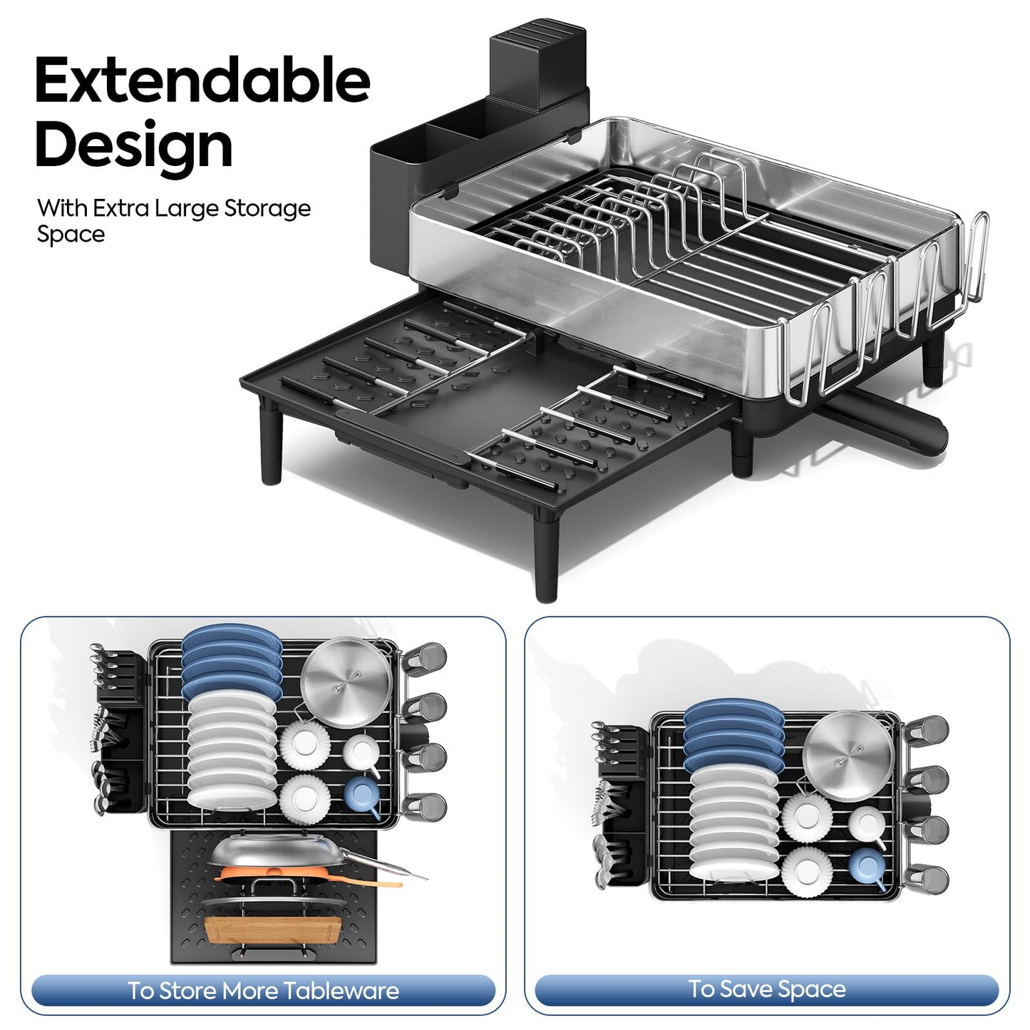 Expandable Dish Rack with Drainboard - Stainless Steel Dish Drainer with Removable Cutlery Tray, Foldable Cup Holder, Elevated Feet, Multifunctional Drainboard for Sink Countertop Kitchen Storage