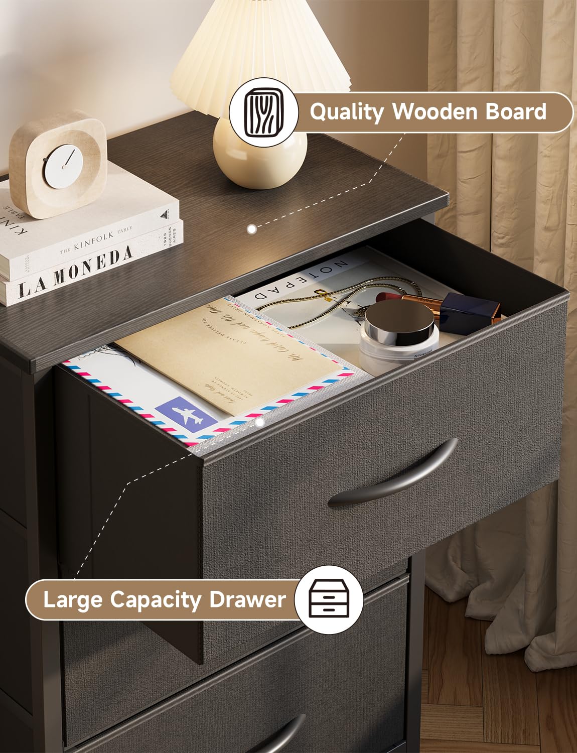 KitMent Night Stands, Beside Table End Table with 3 Fabric Drawers, Beside Furniture to Storage, 3 Bins for Bedroom, Kids Closet Dorm Guest Room, Black