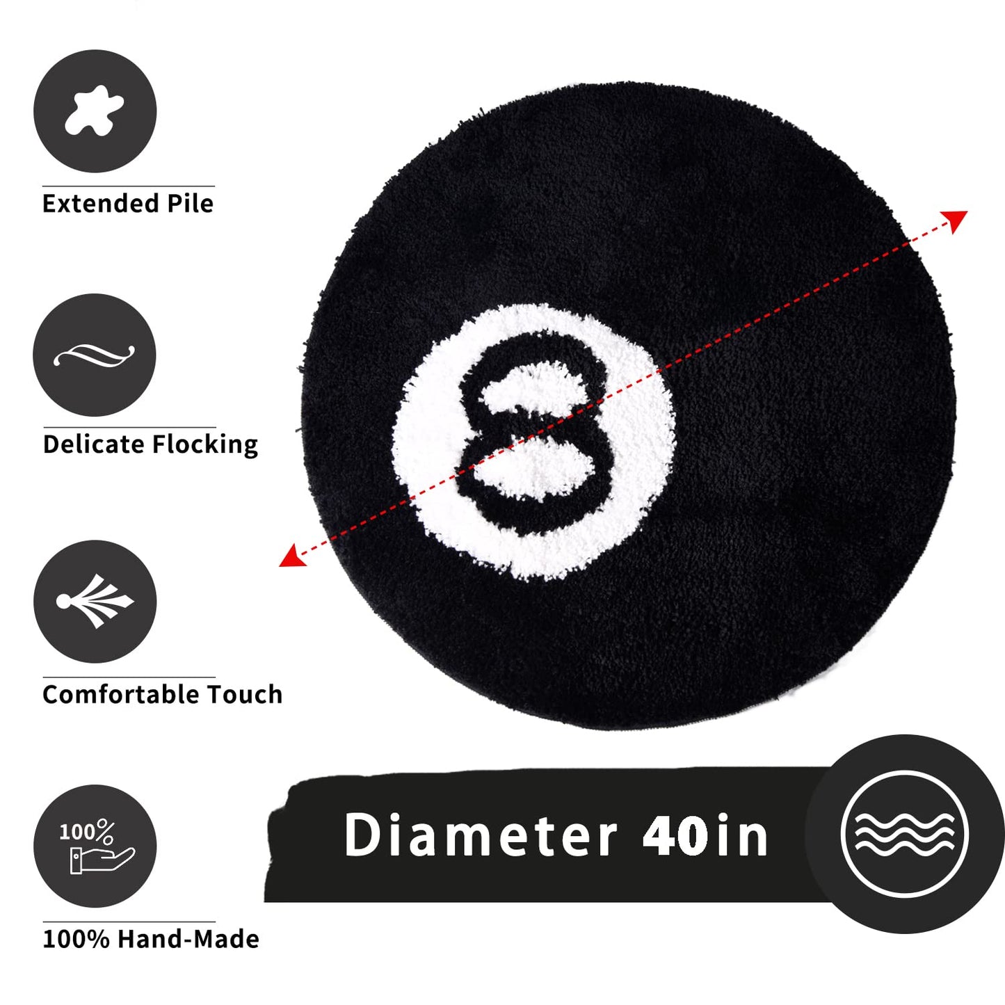 8 Ball Rug - 40 inch Black Round Carpet Billiard Pool 8 Ball Carpet, Non-Slip Flocking Floor Bath Mat for Living Room Decor, Alt Room Decor Soft Y2K Rug Hypebeast Doormat for Bedroom
