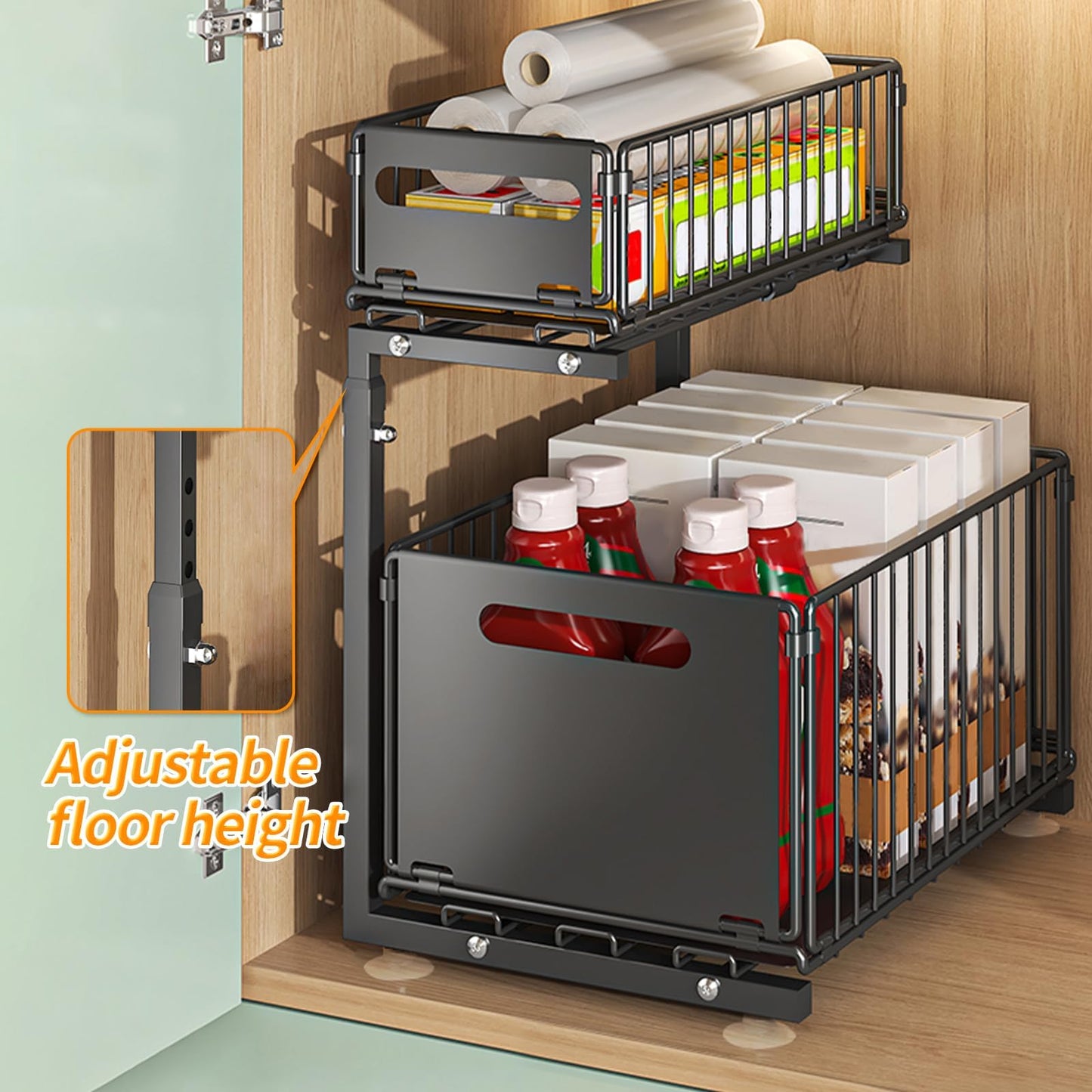 Under Sink Organizers and Storage,GAOKASE Black Metal 2 Tier Pull Out Drawers Under the Sink Organizers for Kitchen Slide Out Sliding Under Cabinet Storage Multi-Use for Bathroom Organizer
