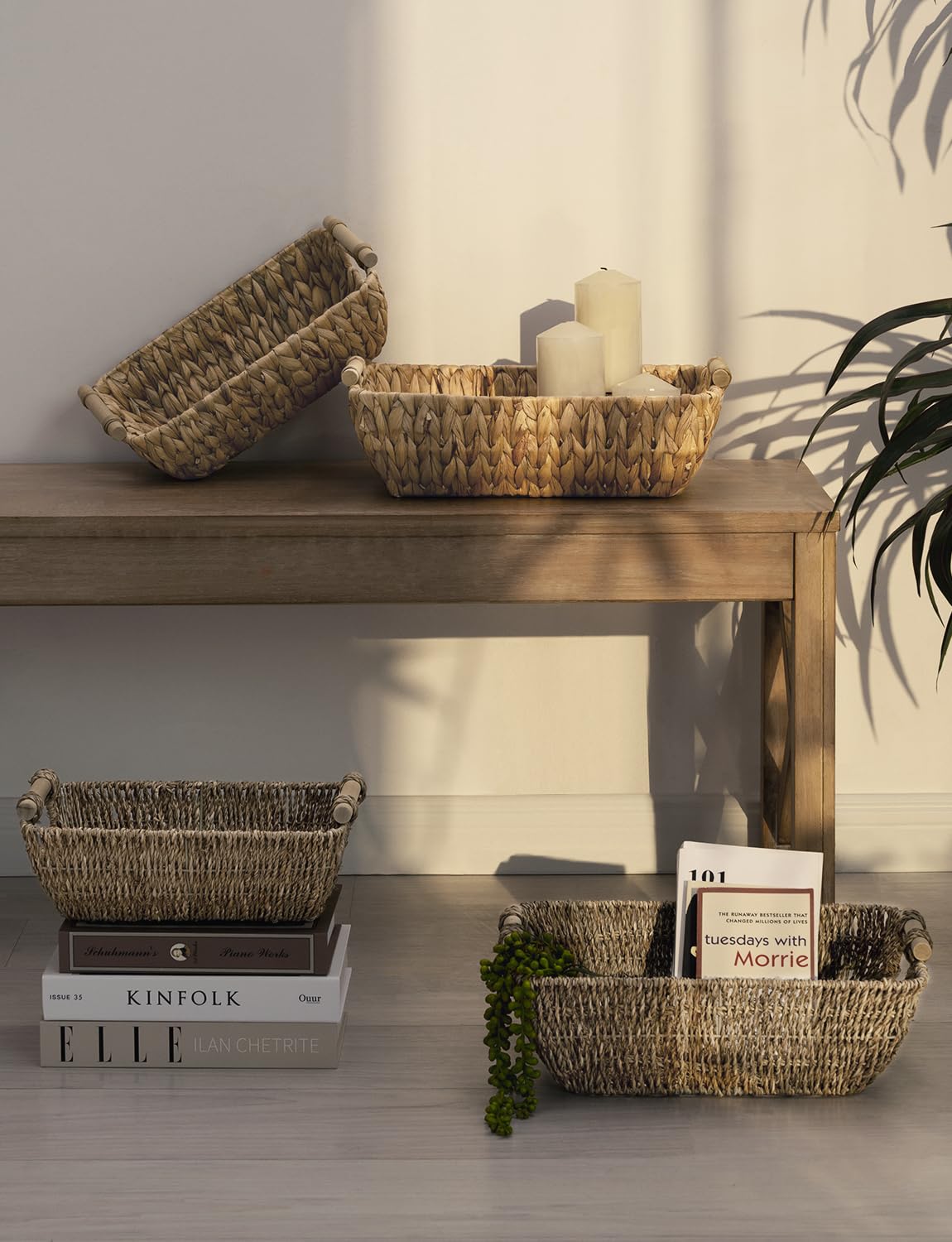 StorageWorks Hand-Woven Large Storage Baskets with Wooden Handles, Water Hyacinth Wicker Basket for Organizing, 2-Pack
