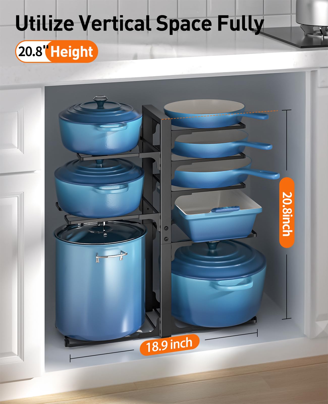 ORDORA Pots and Pans Organizer under Cabinet, 20.8" Height Heavy Duty 120LBS Pots Pans Organizer Rack for under Cabinet 8-Tier Adjustable for Big Stockpots, Dutch Oven, Cast-iron Pans, Heavy Cookware