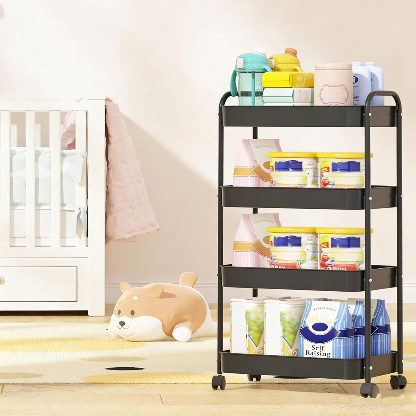 Metal Rolling Cart with Wheels, Utility Storage Cart with Handle and Lockable Casters, Storage Basket Organizer Shelves, Easy Assemble for Kitchen, Living Room, Office, Nursery (Black-4Tiers)