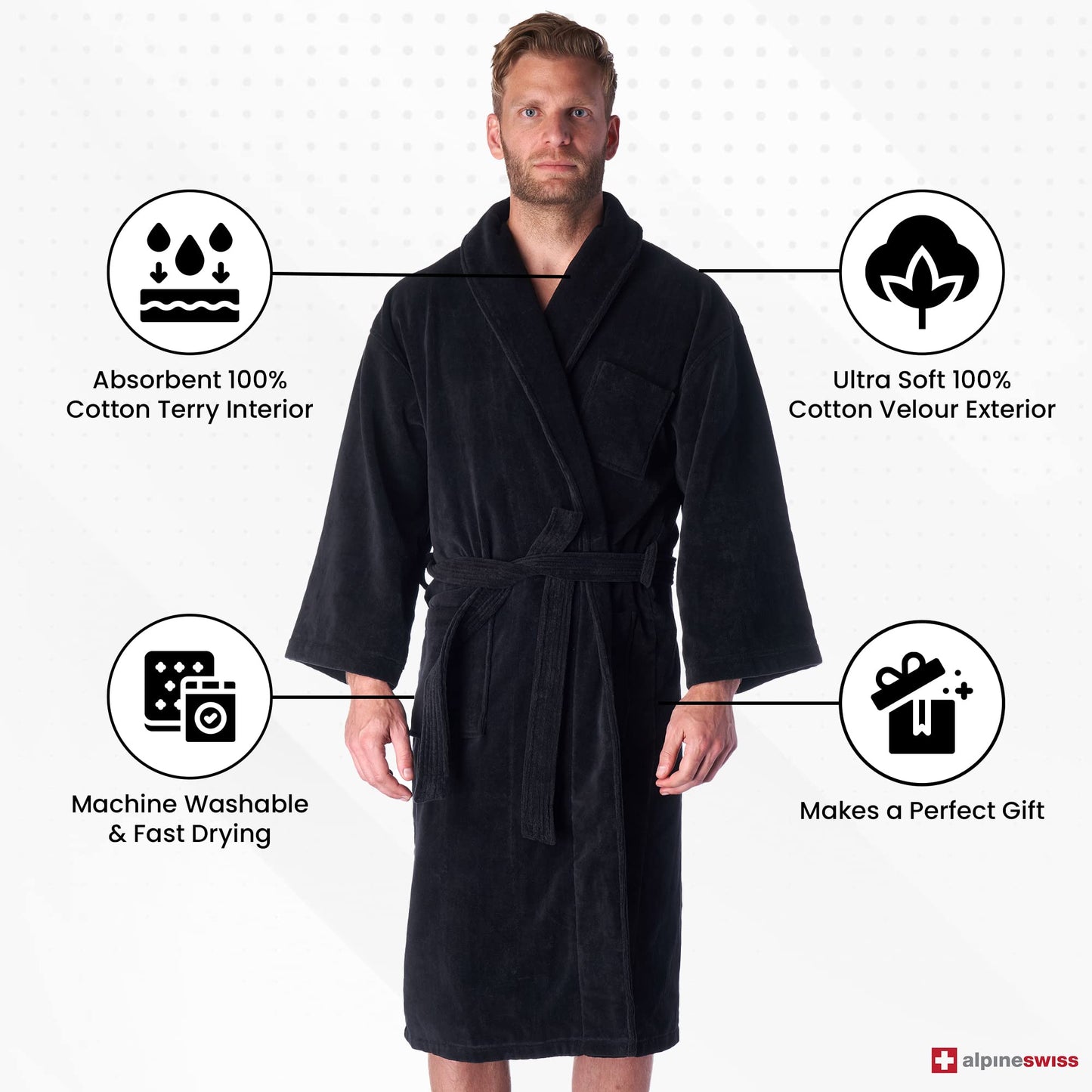 Alpine Swiss Pure Cotton Mens Terry Cloth Bathrobe Super Absorbent Spa Robe BLK XLXXL