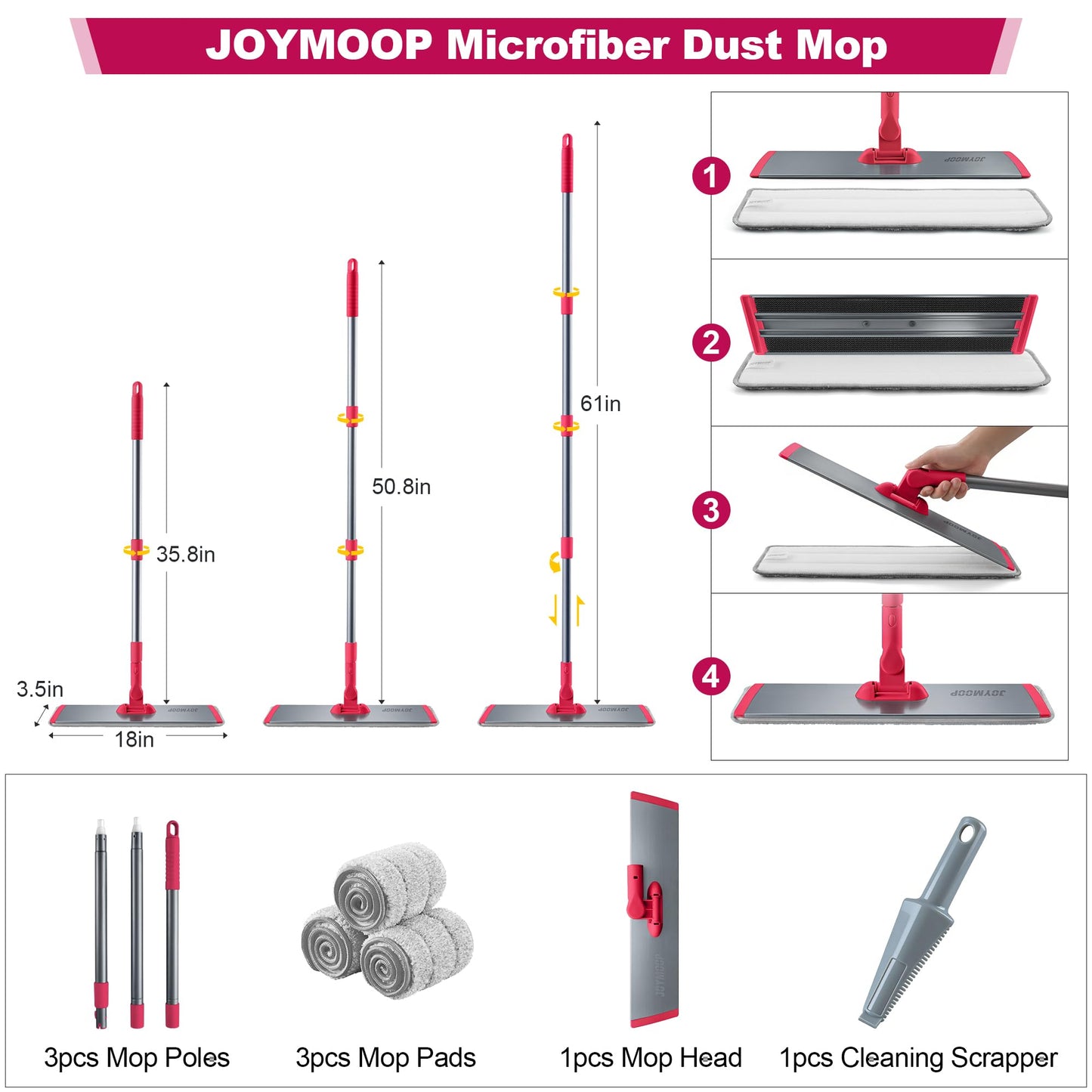 JOYMOOP 18 Inch Dust Mop for Hardwood Floors, Heavy Duty Industrial Wet Dry Mops with Telescopic Handle, Includes 3 Microfiber Mop Pads - Red-Grey