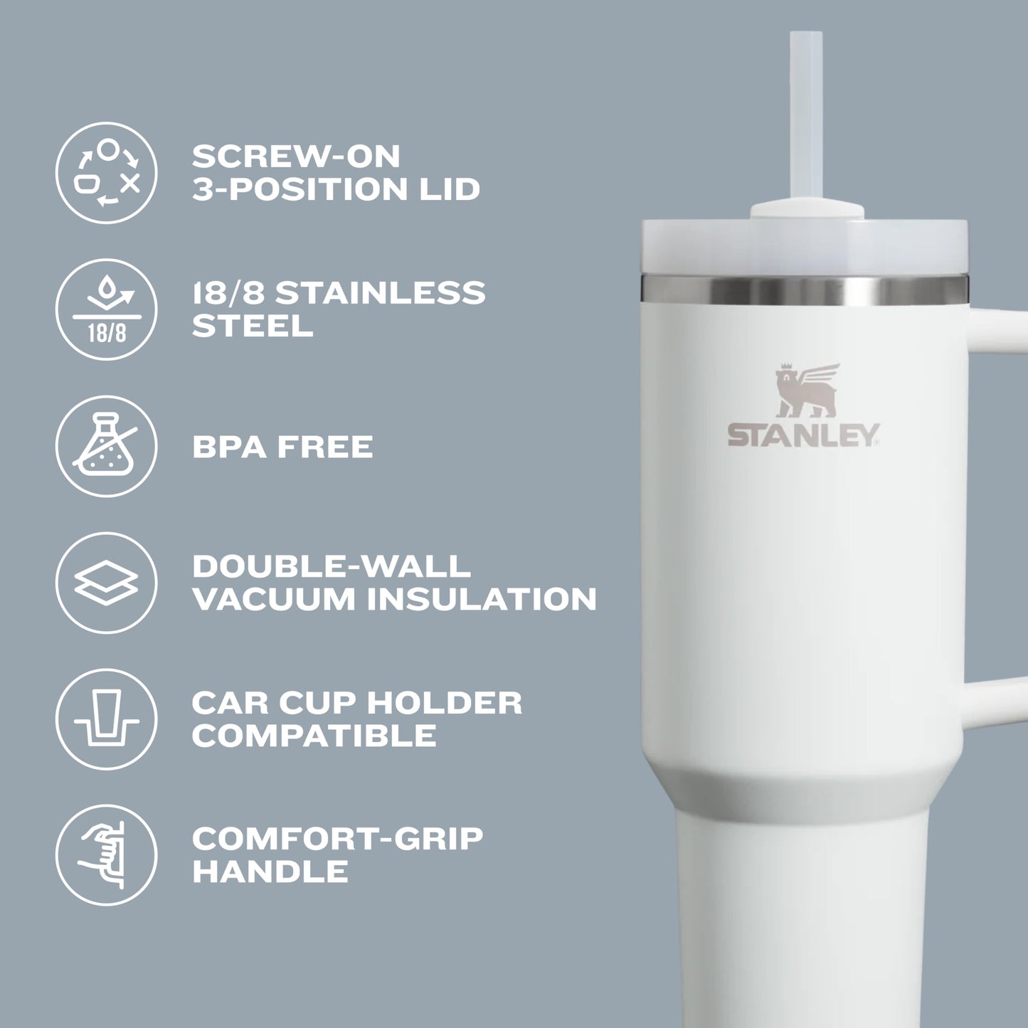 Stanley Quencher H2.0 Tumbler with Handle and Straw 30 oz | Flowstate 3-Position Lid | Cup Holder Compatible for Travel | Insulated Stainless Steel Cup | BPA-Free | Rose Quartz 2.0