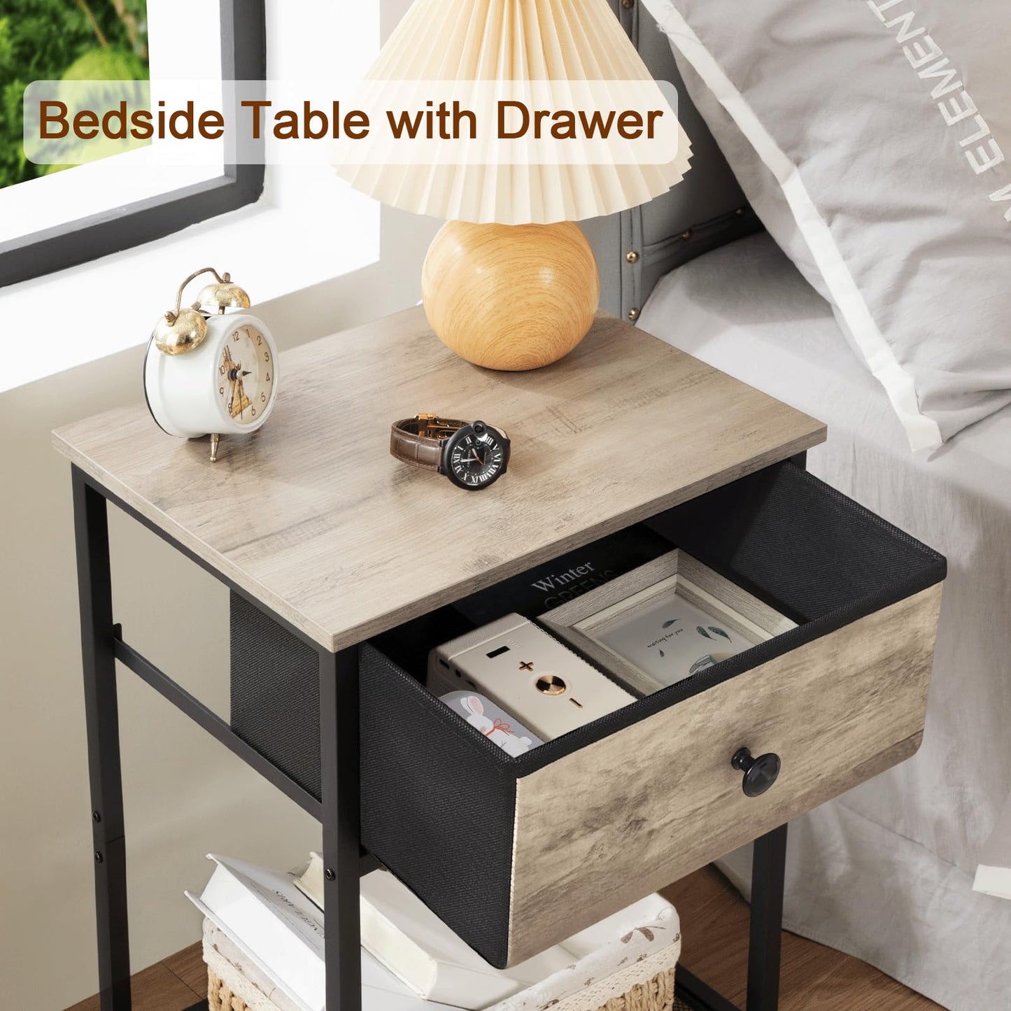 AMHANCIBLE Night Stand Set 2, Bedside Table with Fabric Drawer, Industrial End Tables Living Room with Storage Shelf, Slim Nightstand for Bedroom, Small Spaces, Grey, HET03SDGY