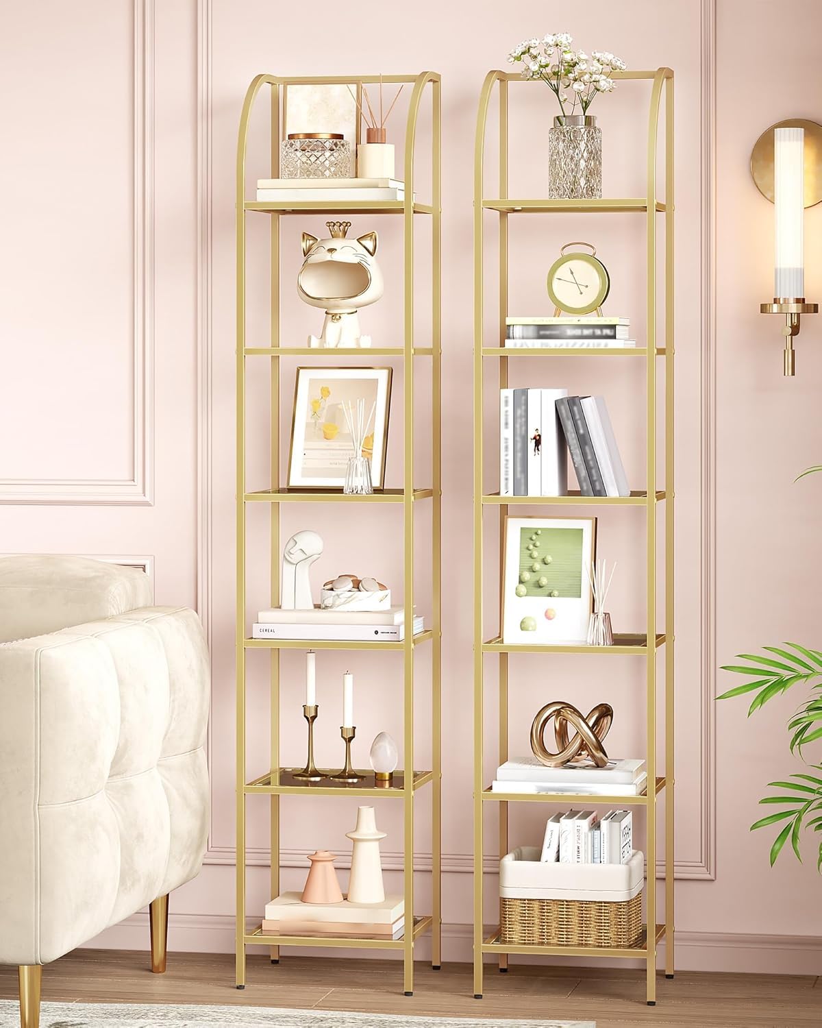 Hzuaneri Bookcase Bookshelf, Tempered Glass Arched Bookshelf for More Storage, Slim Shelving Unit for Bedroom, Bathroom, Home Office, Steel Frame, 6 Tier Gold BC20699G