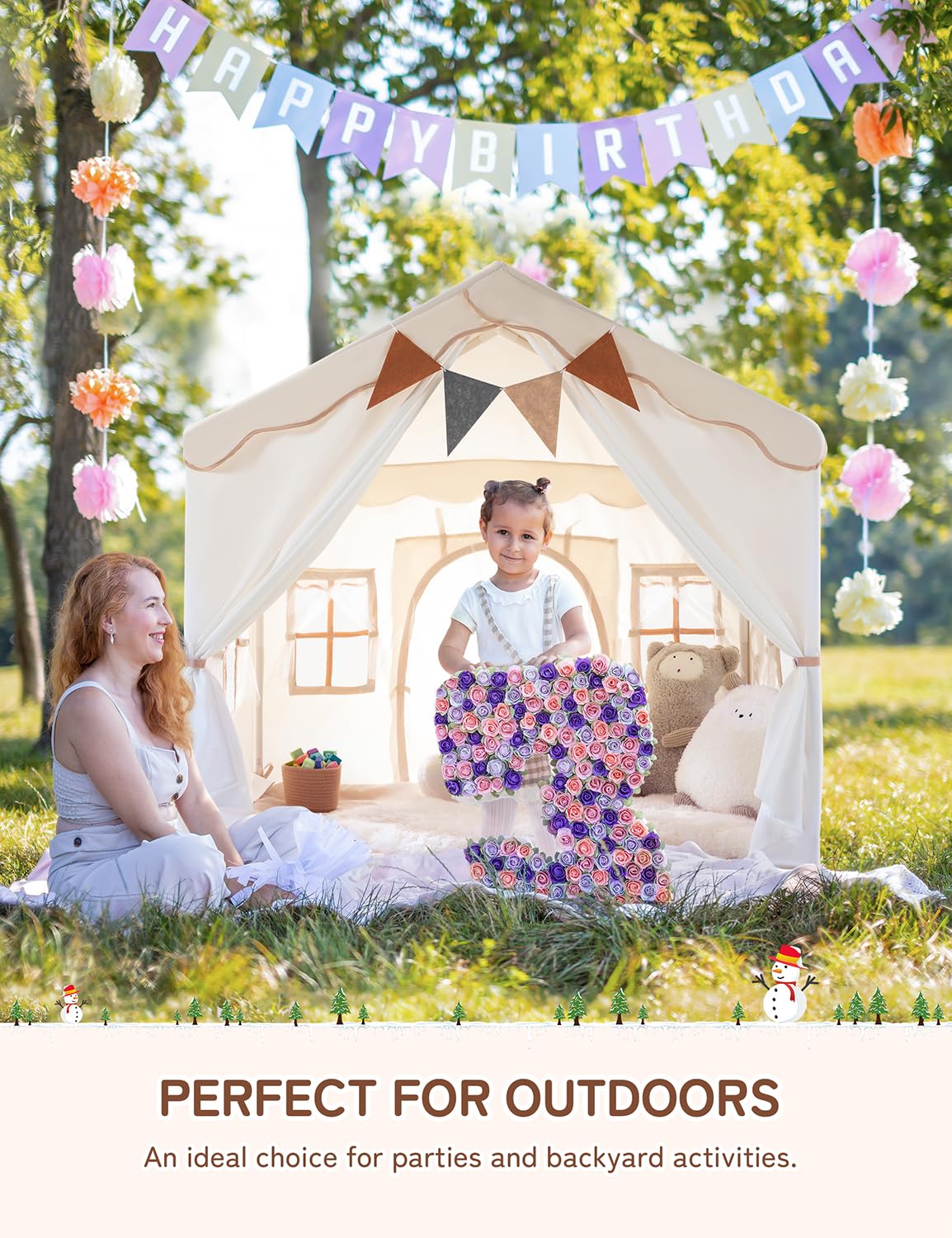 besrey Kids Tent, 2 in 1 Play Tents with Padded Mat and Lights, Large Playhouse for Kids with 2 Doors & 4 Windows, Kids Play Tent House Indoor & Outdoor, Toddler Tent for Girls Boys