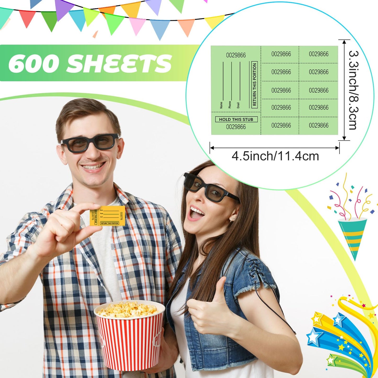 Kosiz 600 Sheet Raffle Ticket Sheet with 10 Bid Numbers Chinese Auction Ticket Unduplicated Basket for Silent Auction Classroom Church Fundraiser Event, 3.3 x 4.5 Inch(Multicolor)
